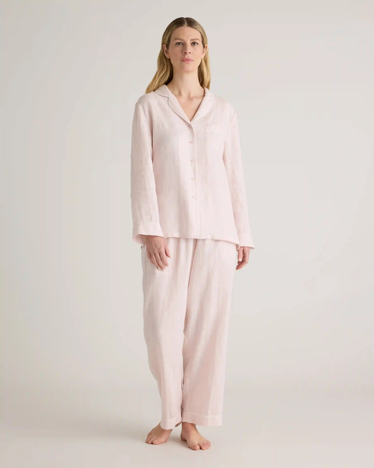 100% European Linen Long Sleeve Pajama Set with Piping