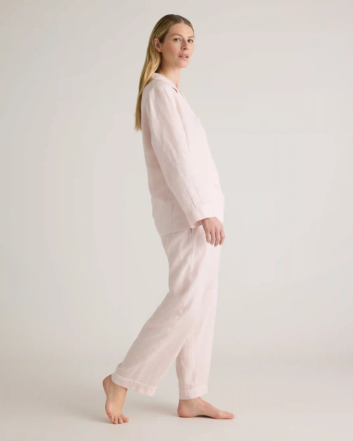 100% European Linen Long Sleeve Pajama Set with Piping