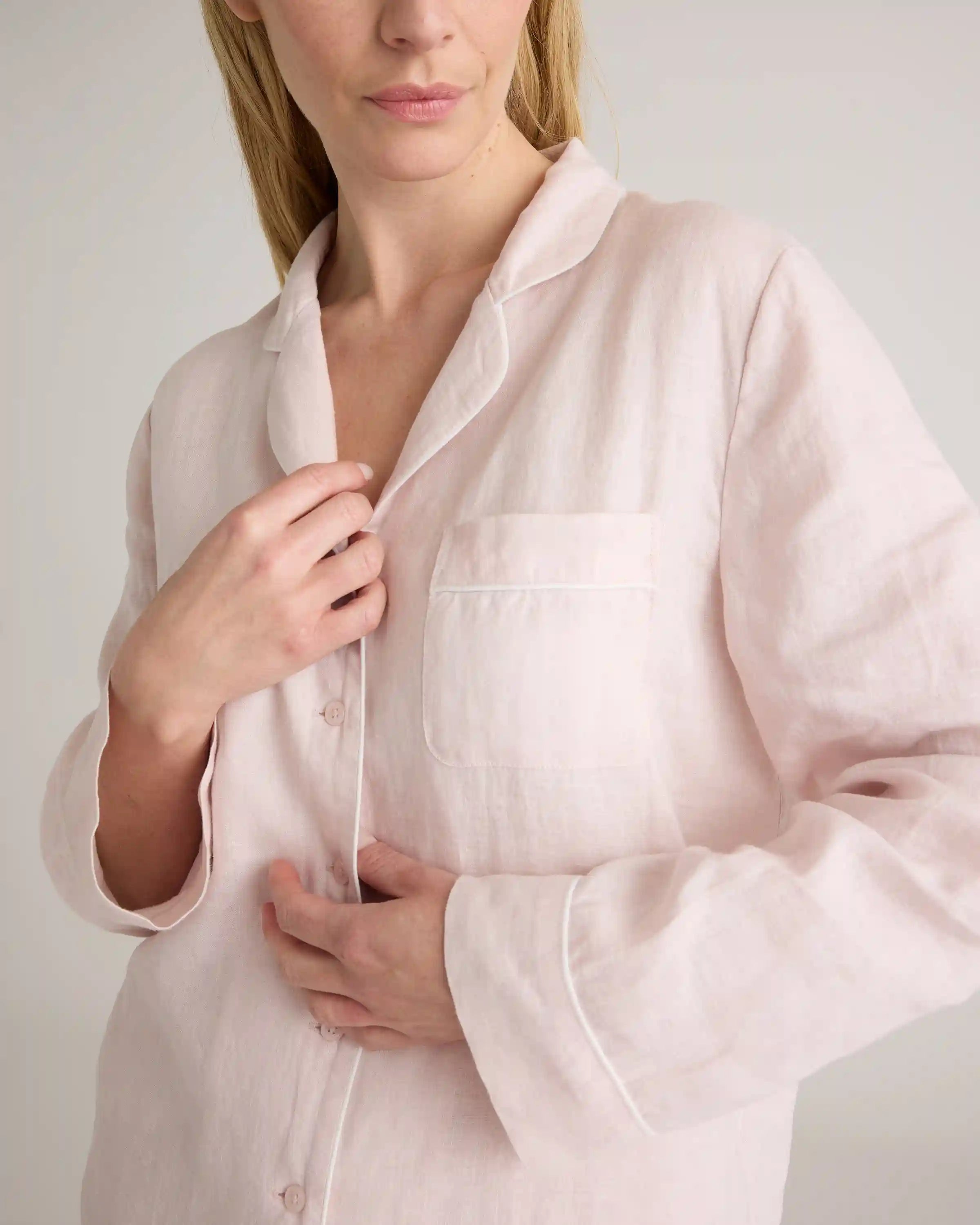 100% European Linen Long Sleeve Pajama Set with Piping