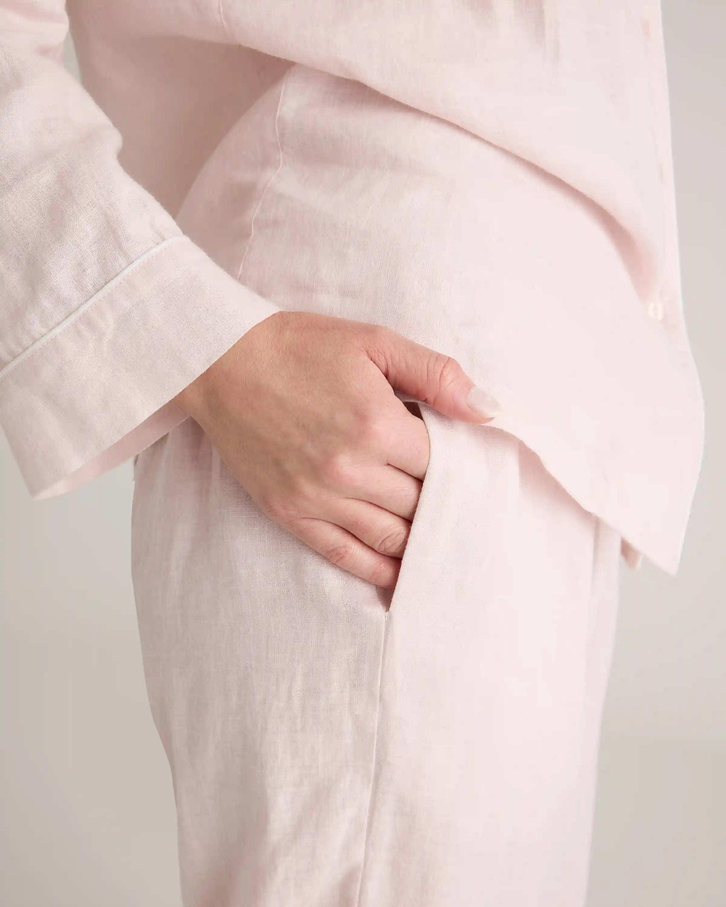 100% European Linen Long Sleeve Pajama Set with Piping