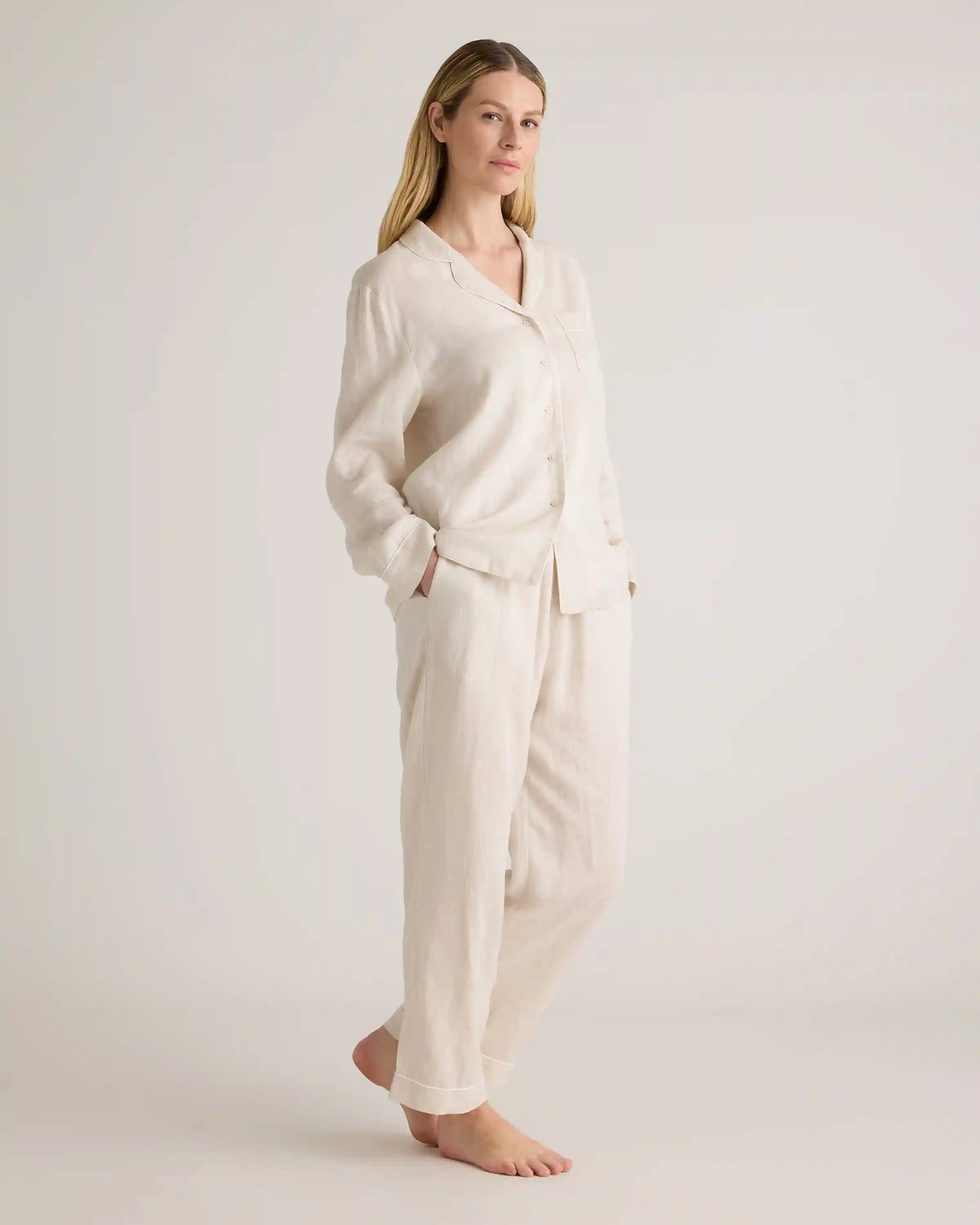 100% European Linen Long Sleeve Pajama Set with Piping
