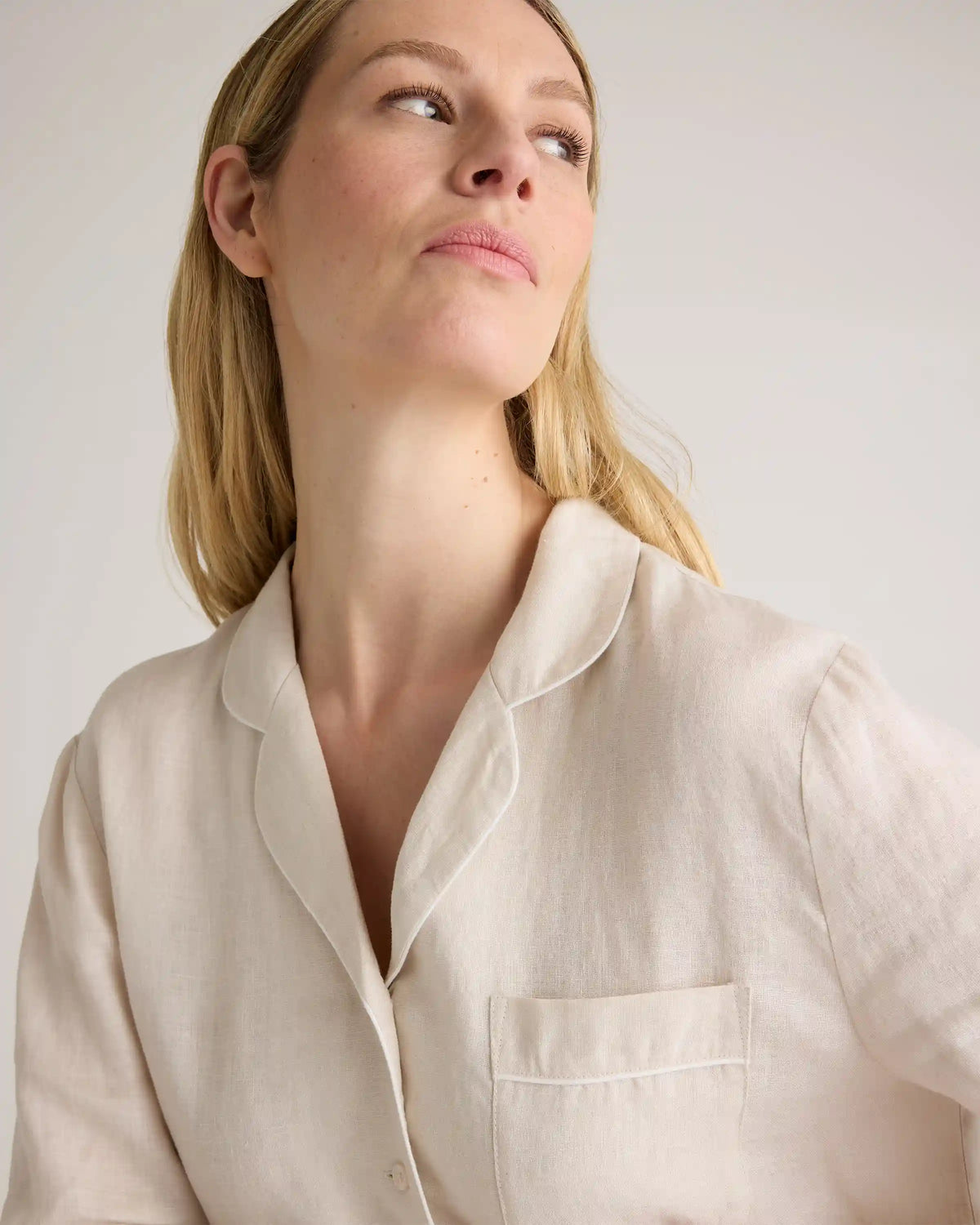 100% European Linen Long Sleeve Pajama Set with Piping