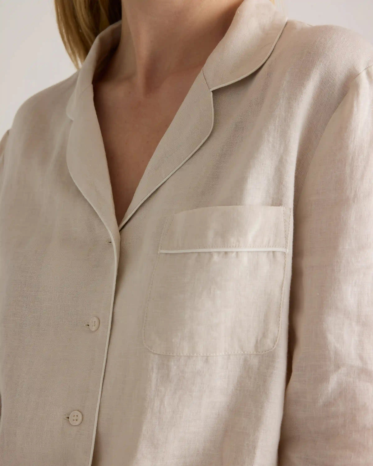 100% European Linen Long Sleeve Pajama Set with Piping