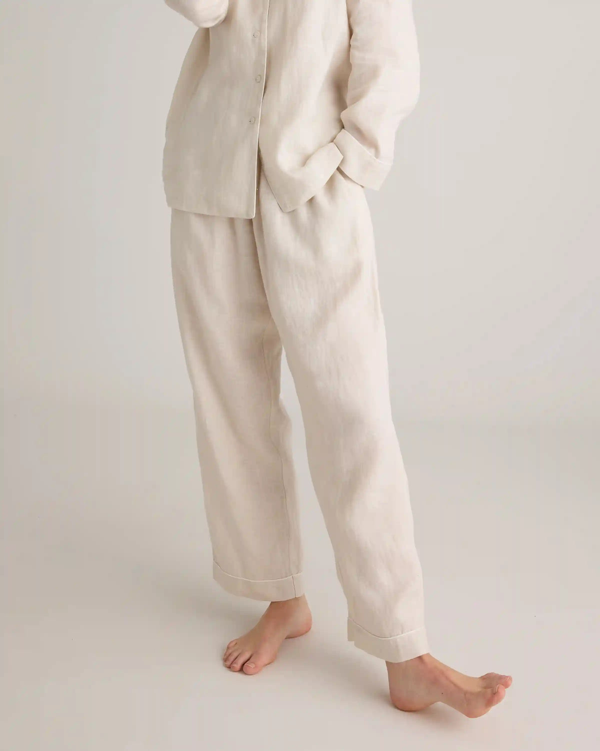 100% European Linen Long Sleeve Pajama Set with Piping