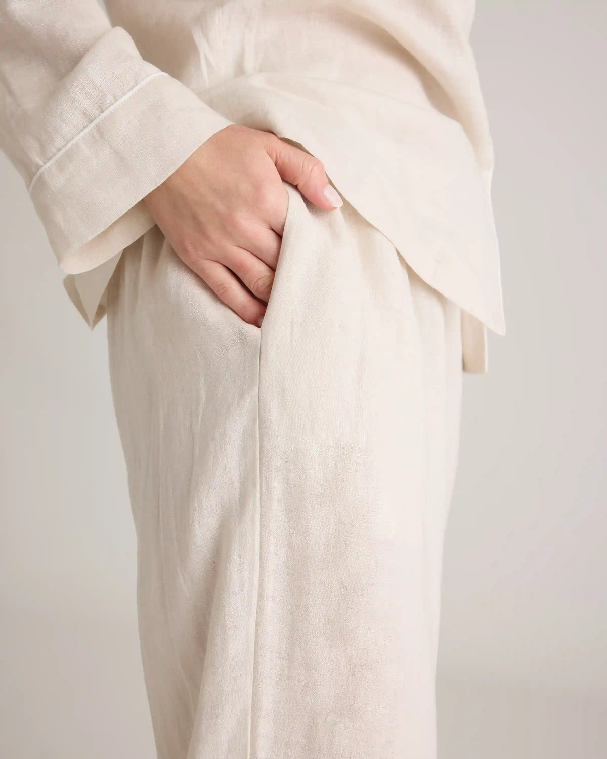 100% European Linen Long Sleeve Pajama Set with Piping