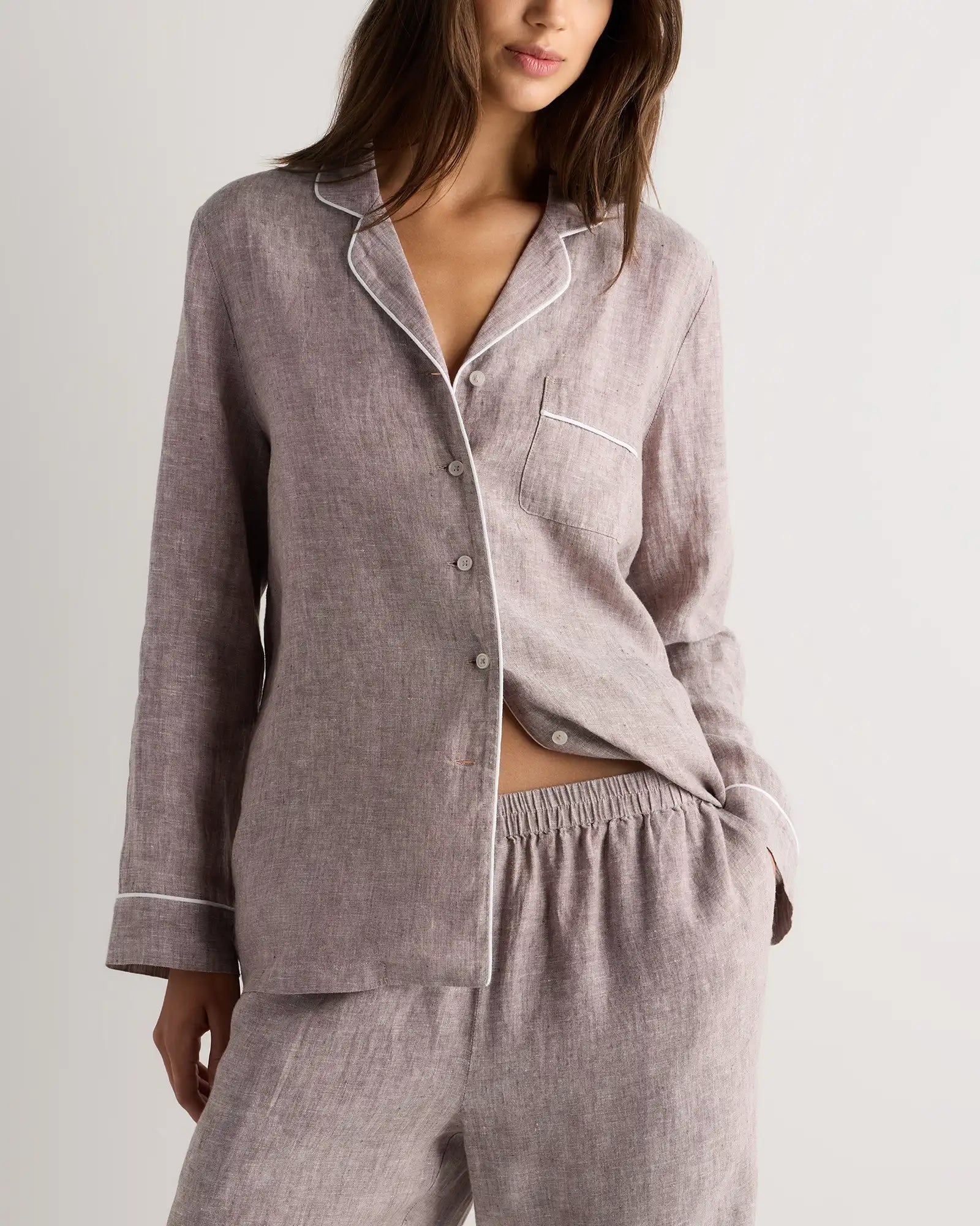 100% European Linen Long Sleeve Pajama Set with Piping