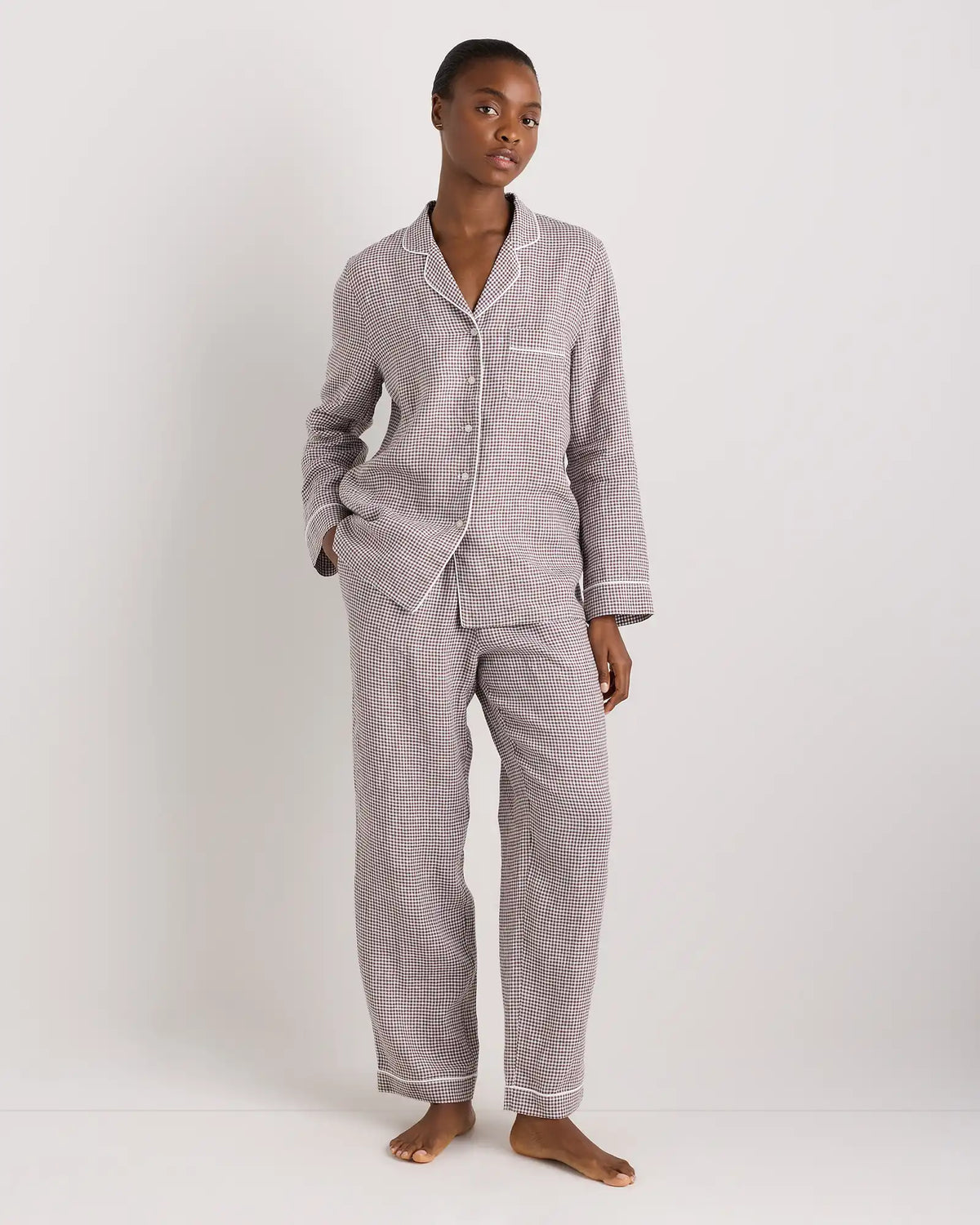 100% European Linen Long Sleeve Pajama Set with Piping