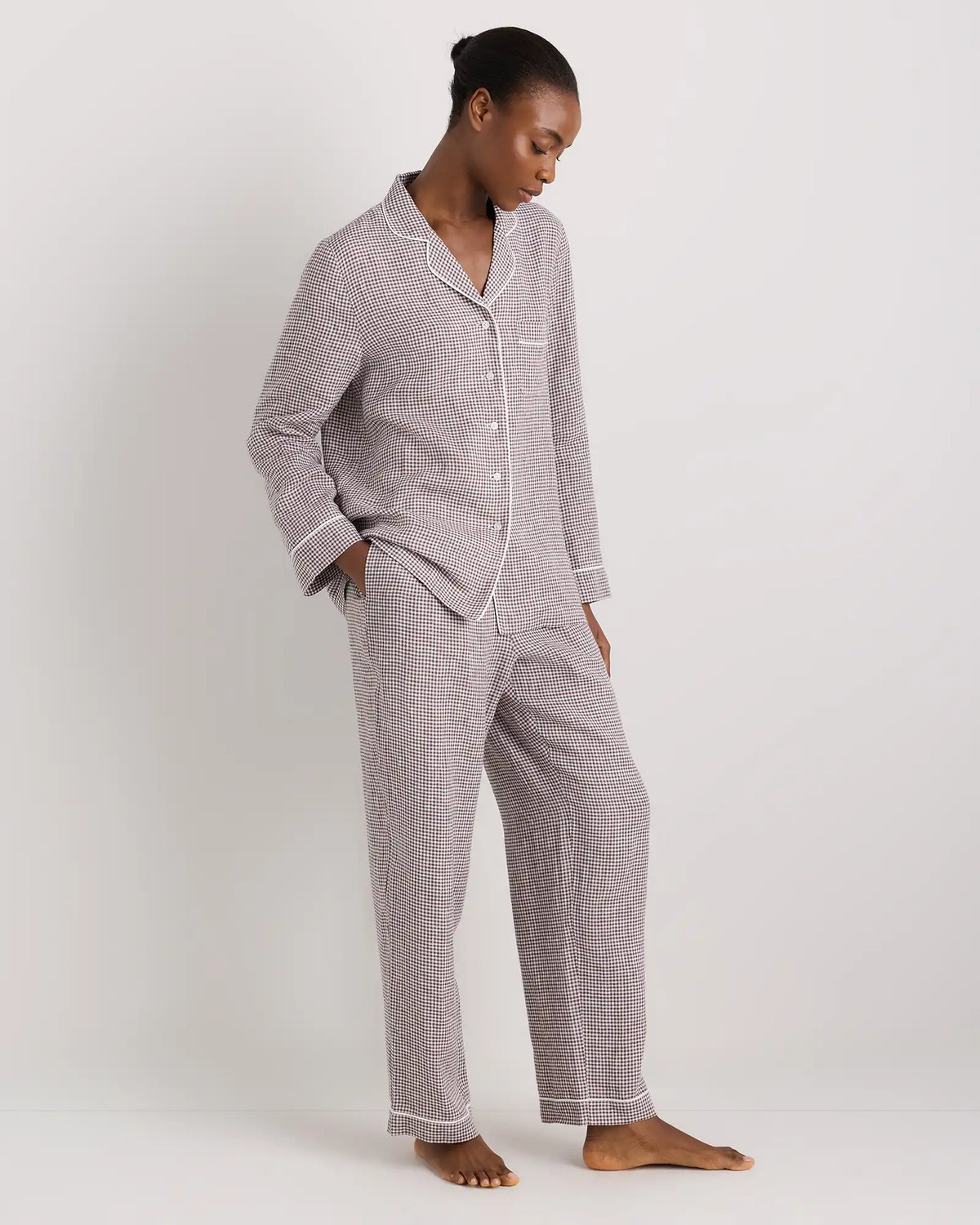 100% European Linen Long Sleeve Pajama Set with Piping