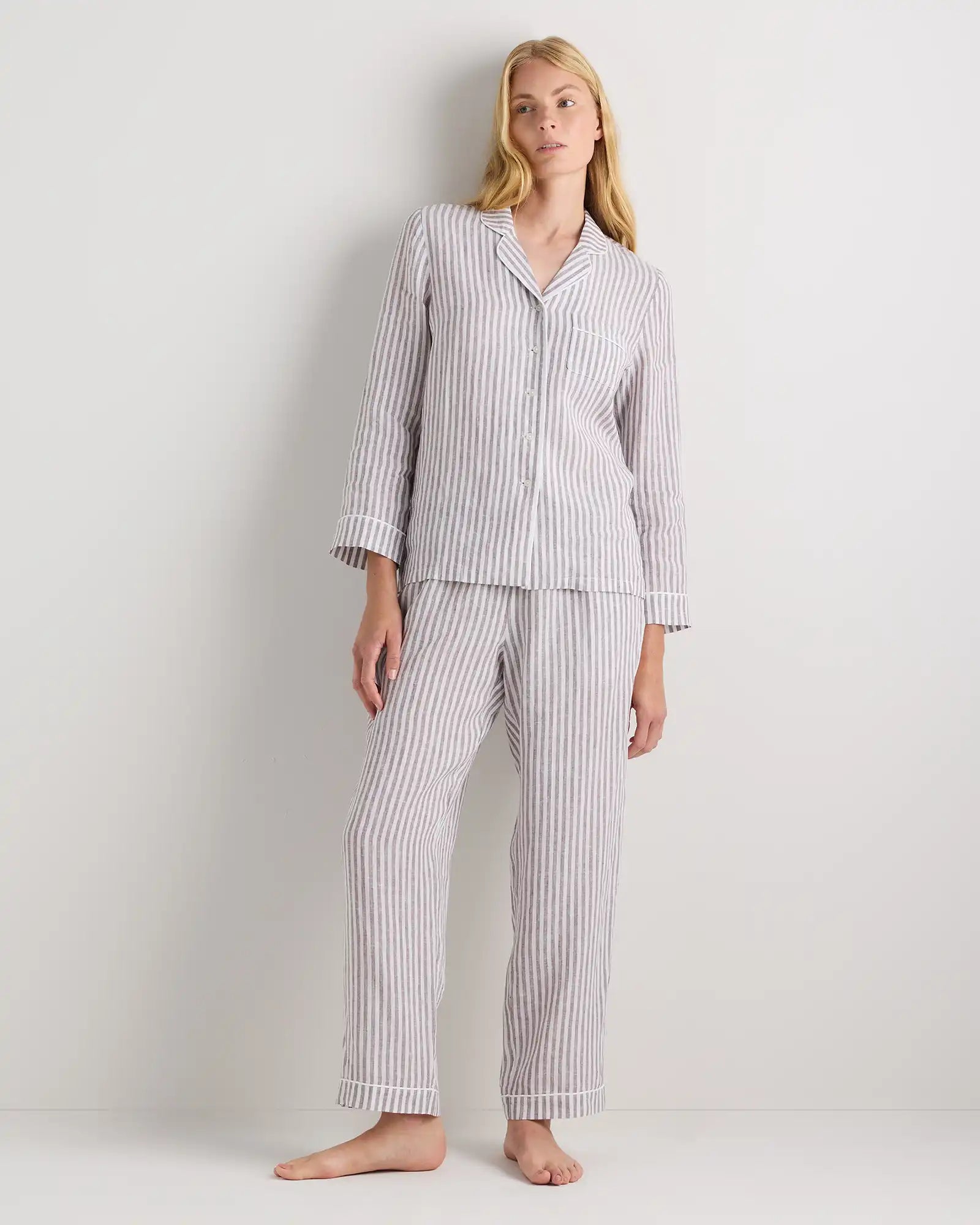 100% European Linen Long Sleeve Pajama Set with Piping