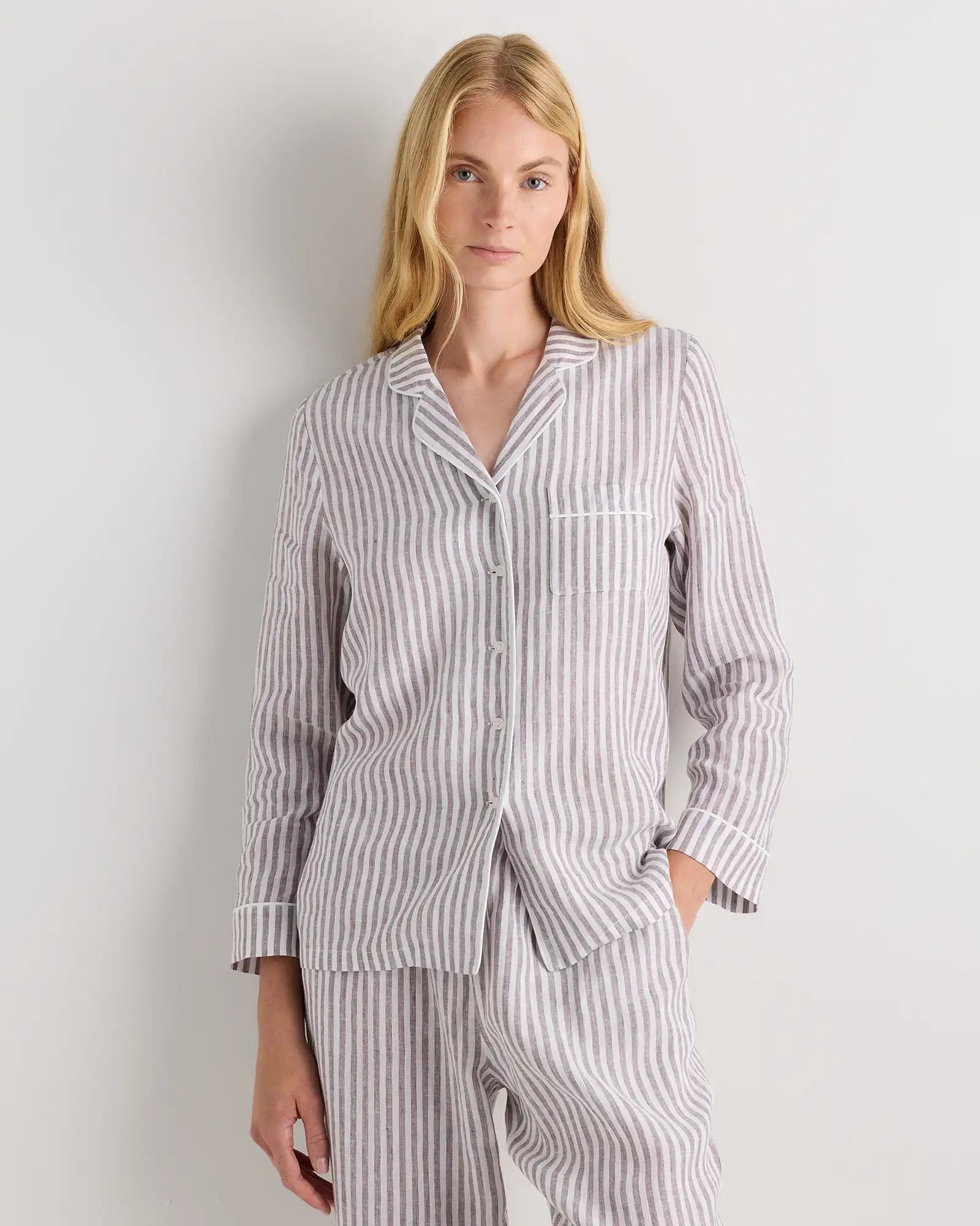 100% European Linen Long Sleeve Pajama Set with Piping