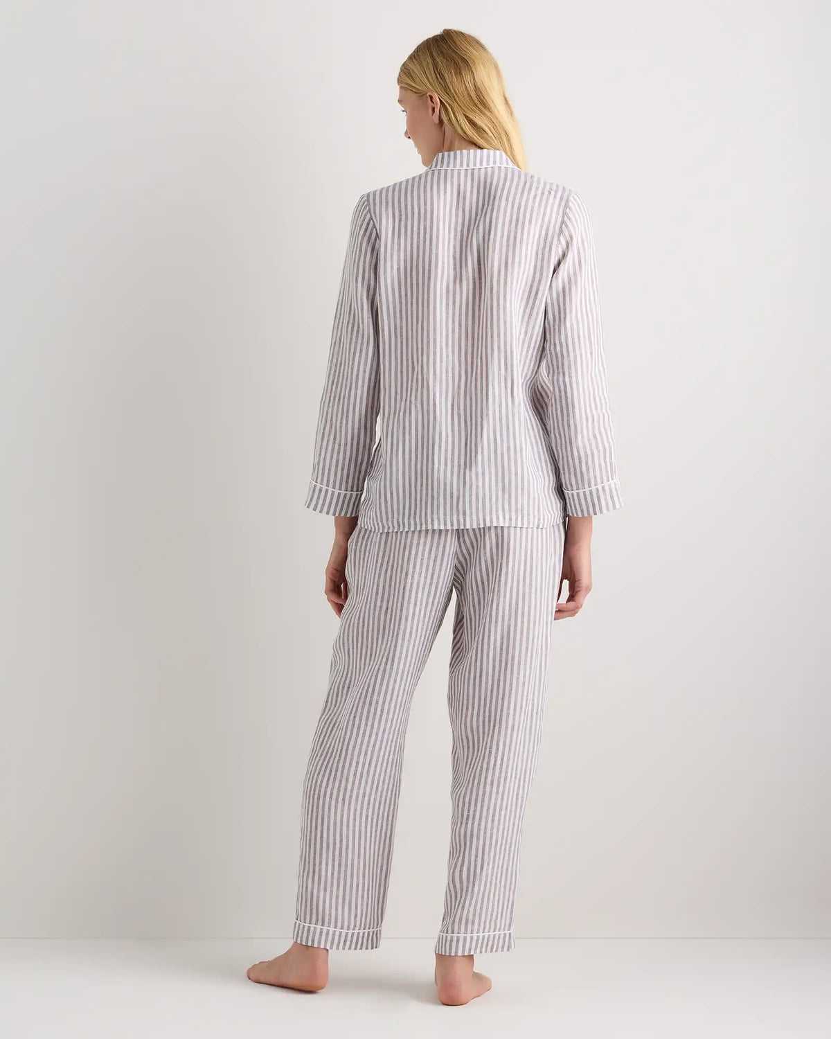 100% European Linen Long Sleeve Pajama Set with Piping