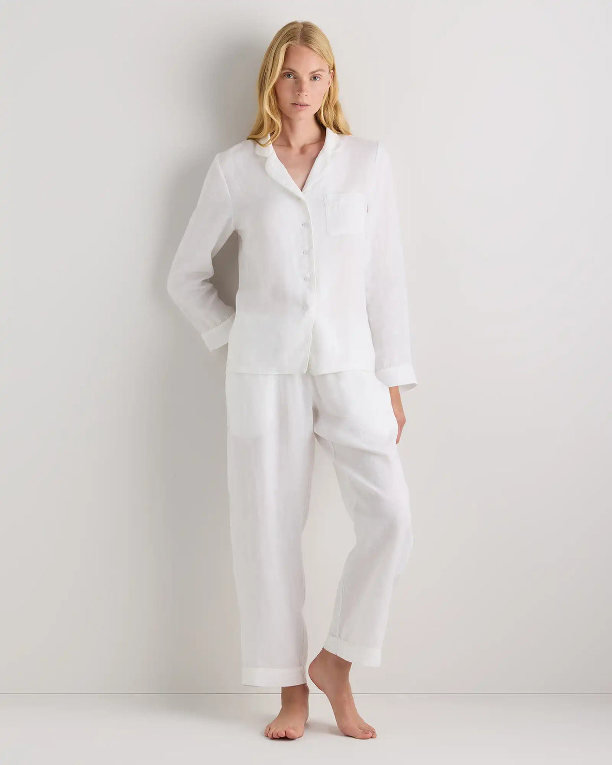 100% European Linen Long Sleeve Pajama Set with Piping