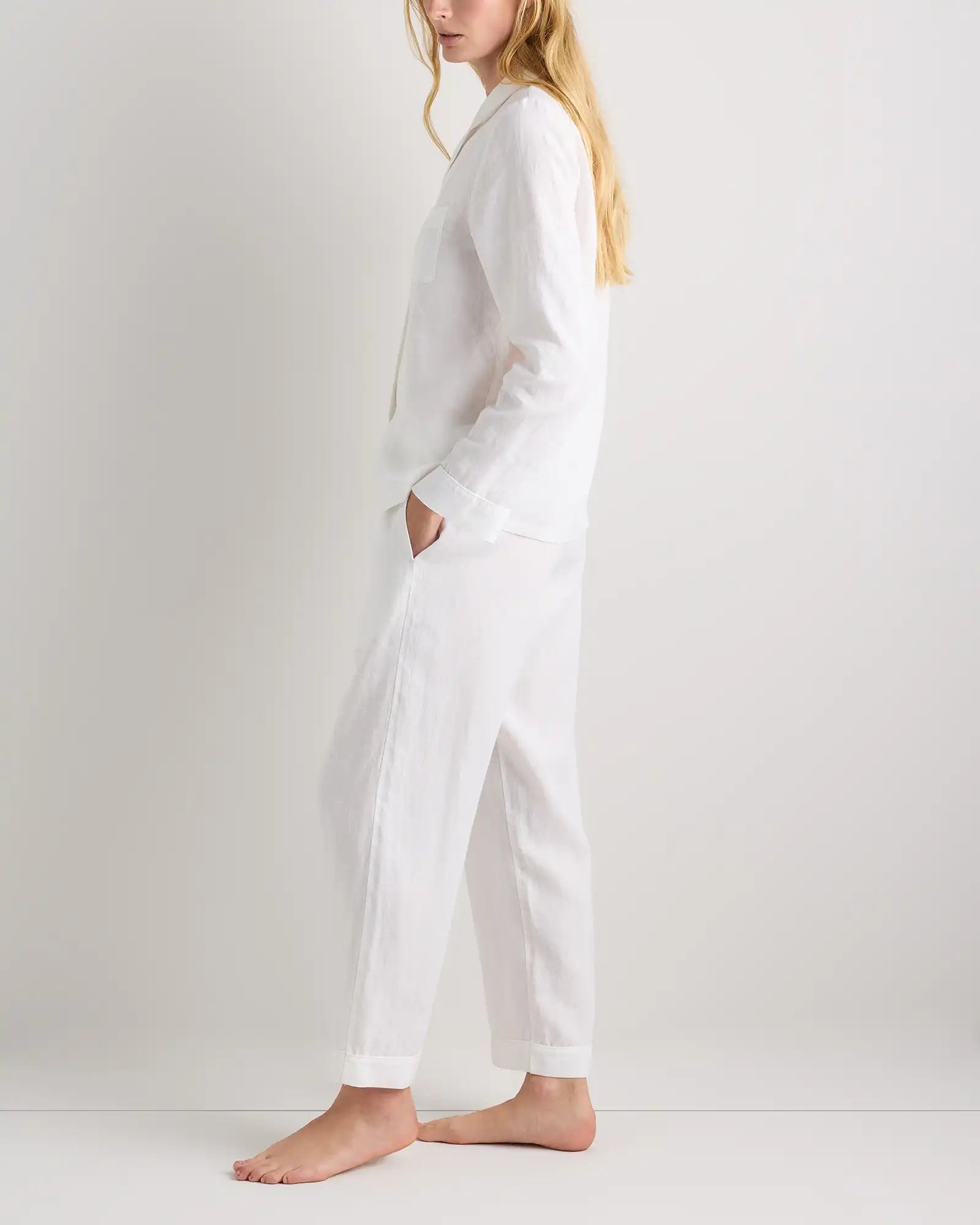 100% European Linen Long Sleeve Pajama Set with Piping