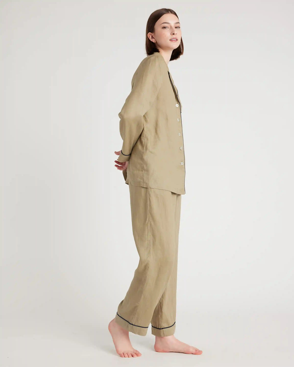 100% European Linen Long Sleeve Pajama Set with Piping
