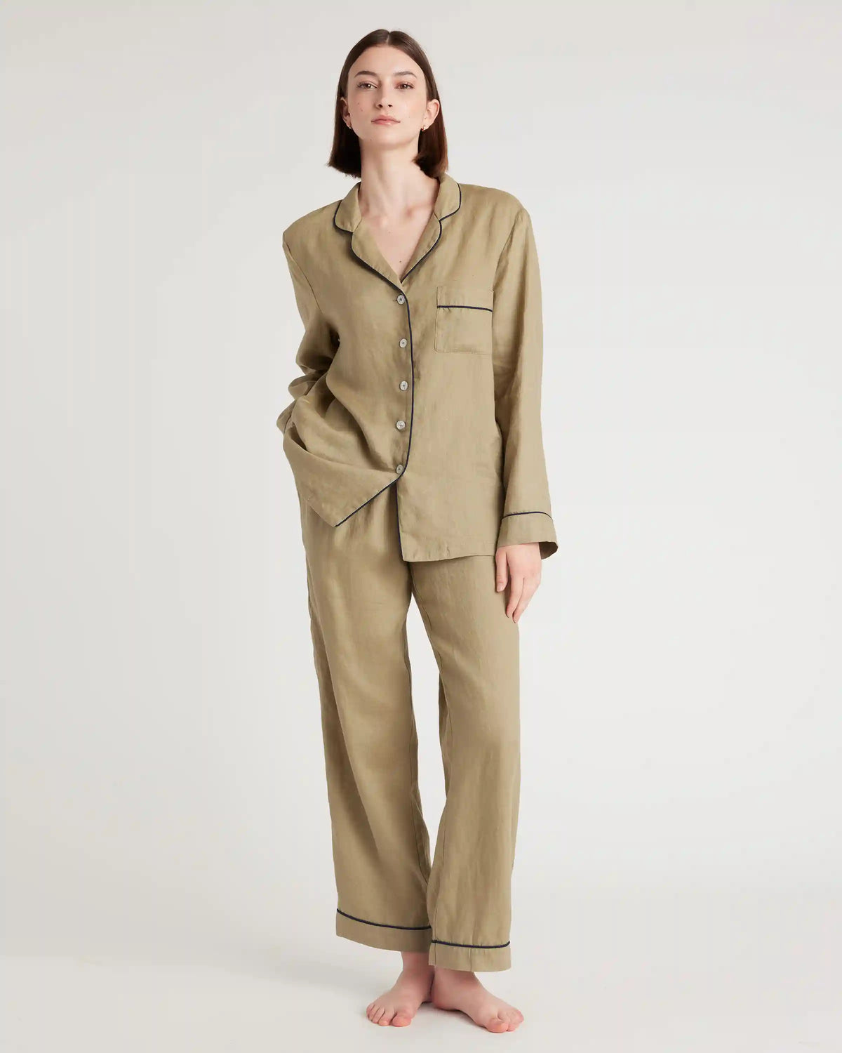 100% European Linen Long Sleeve Pajama Set with Piping