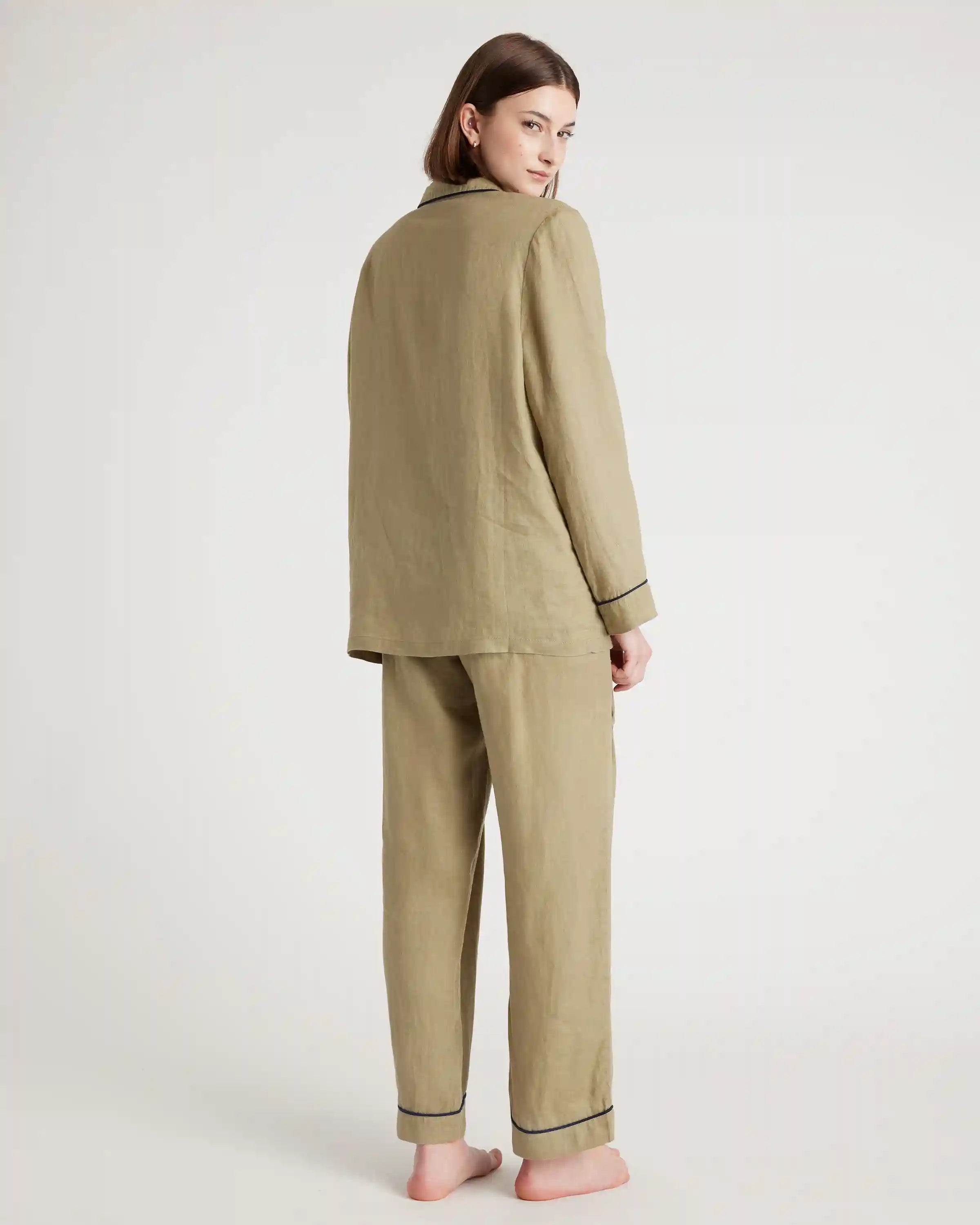 100% European Linen Long Sleeve Pajama Set with Piping