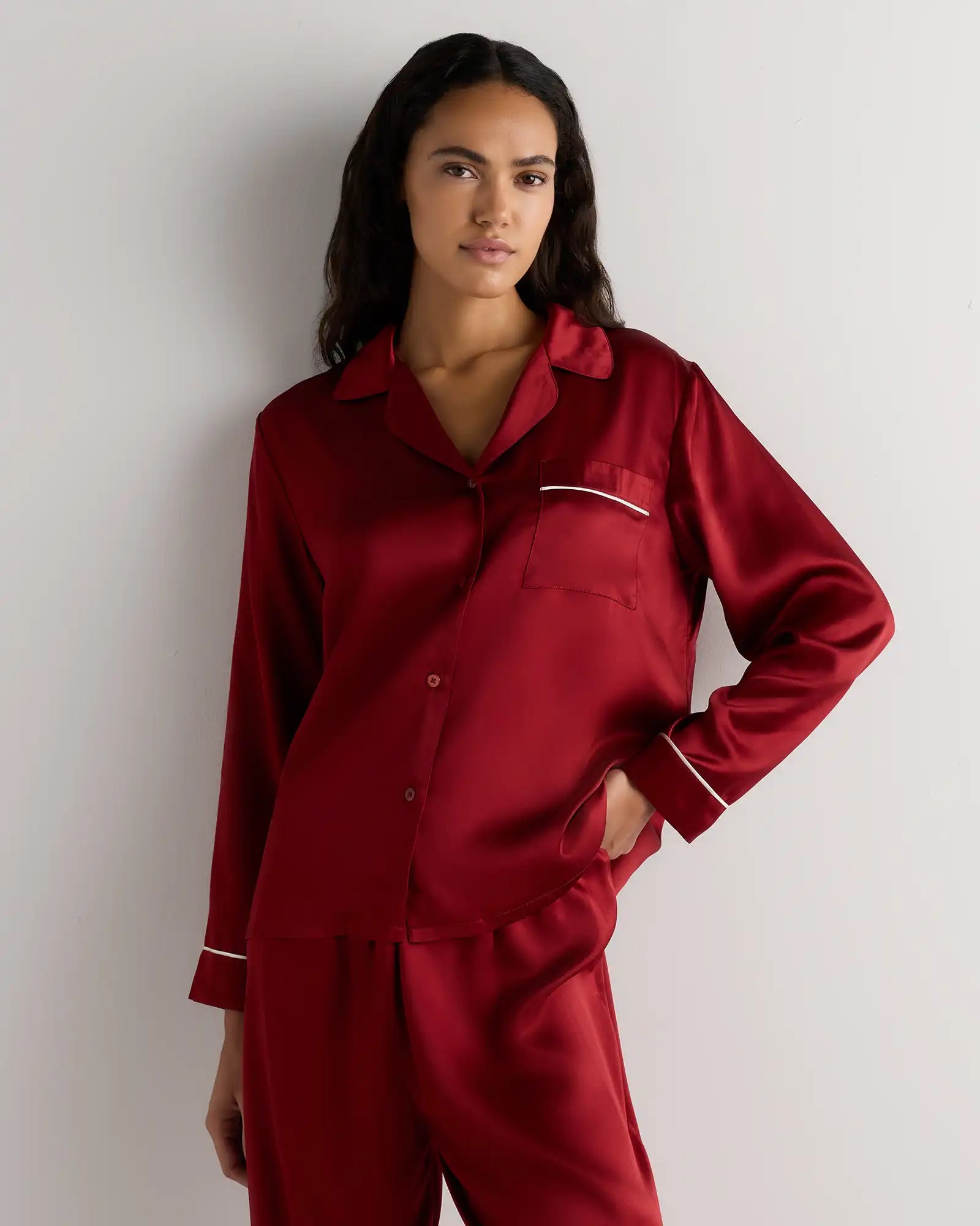 100% Washable Silk Satin Pajama Long Sleeve Top