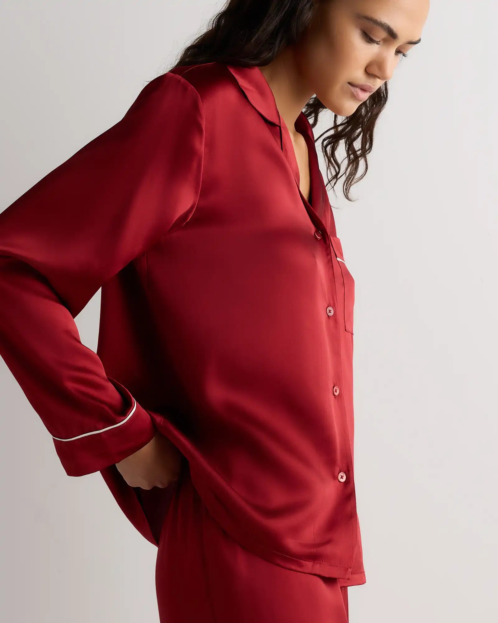 100% Washable Silk Satin Pajama Long Sleeve Top