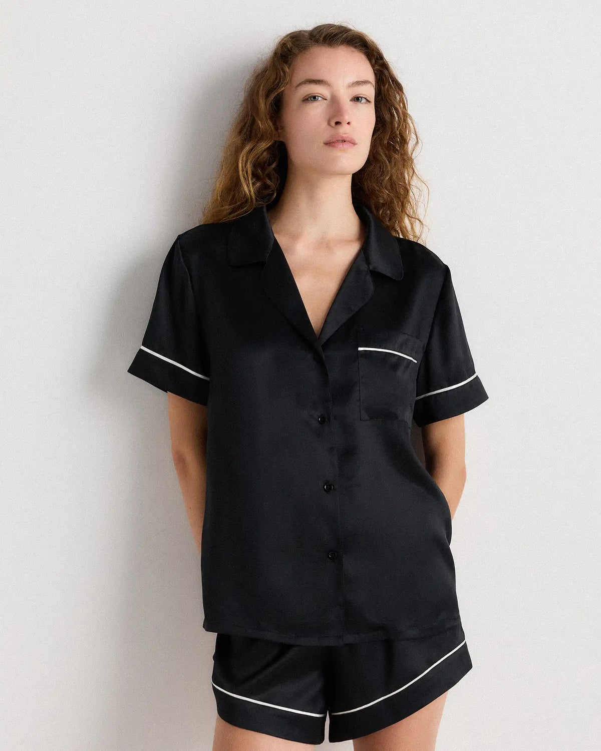 100% Washable Silk Satin Short Sleeve Pajama Top