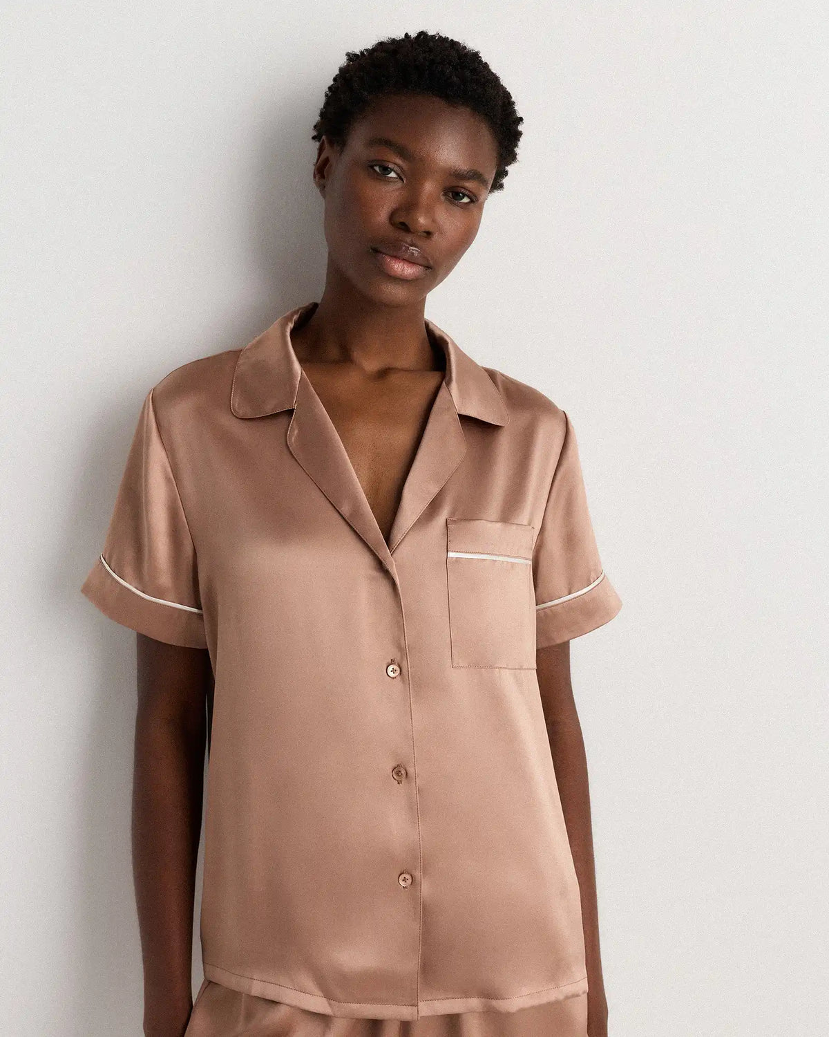 100% Washable Silk Satin Short Sleeve Pajama Top