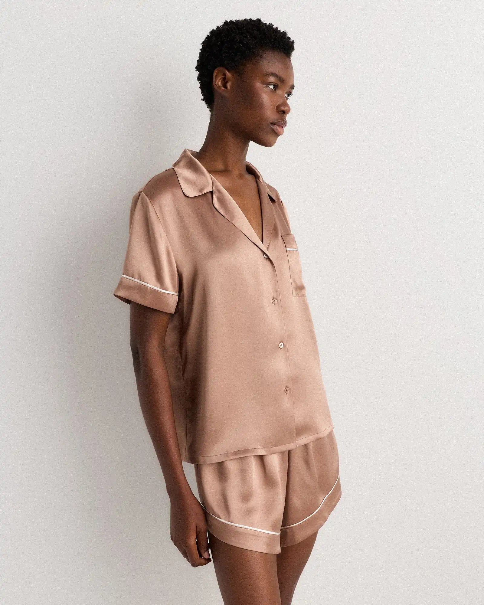 100% Washable Silk Satin Short Sleeve Pajama Top
