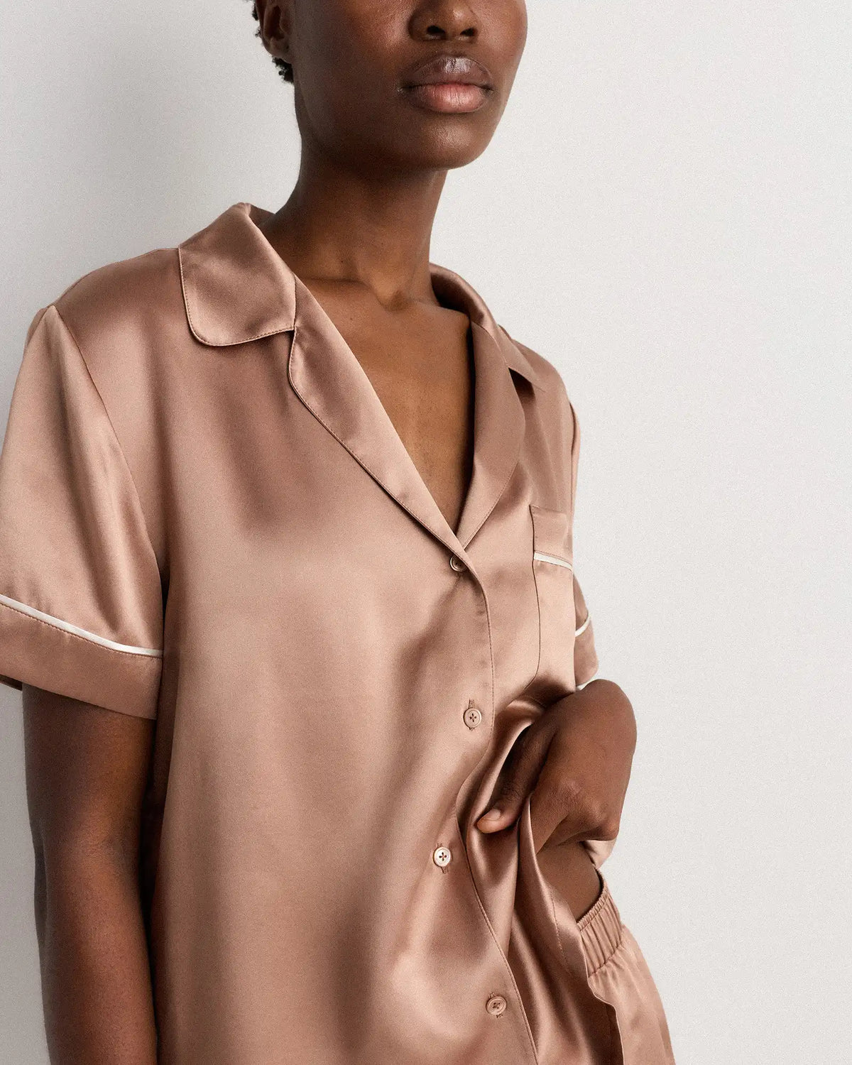 100% Washable Silk Satin Short Sleeve Pajama Top