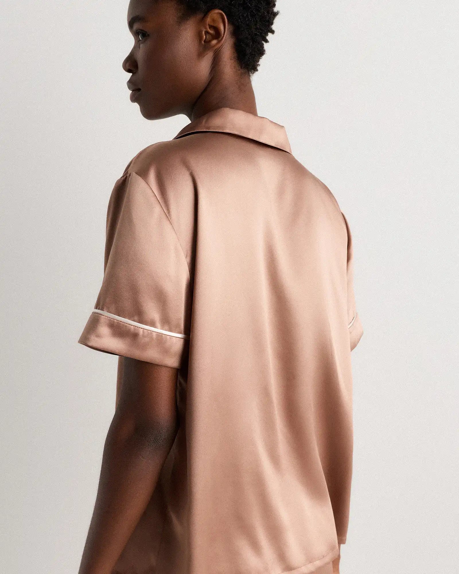 100% Washable Silk Satin Short Sleeve Pajama Top