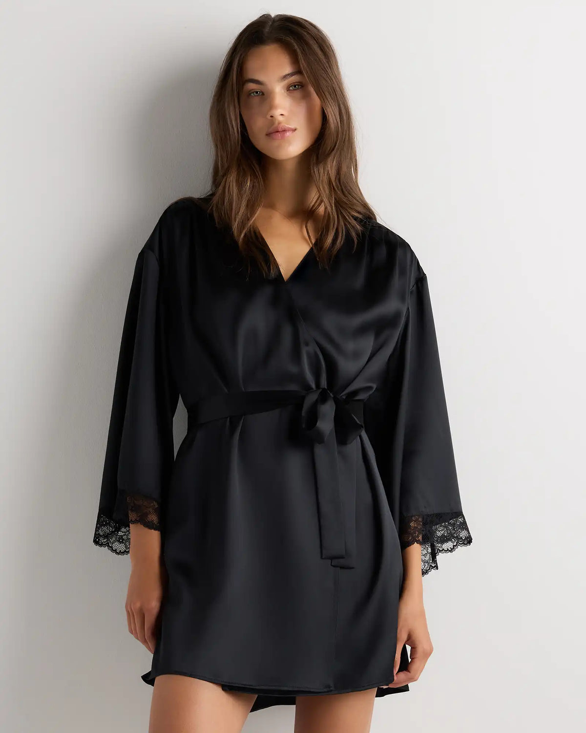 100% Washable Silk Satin Lace Trim Robe