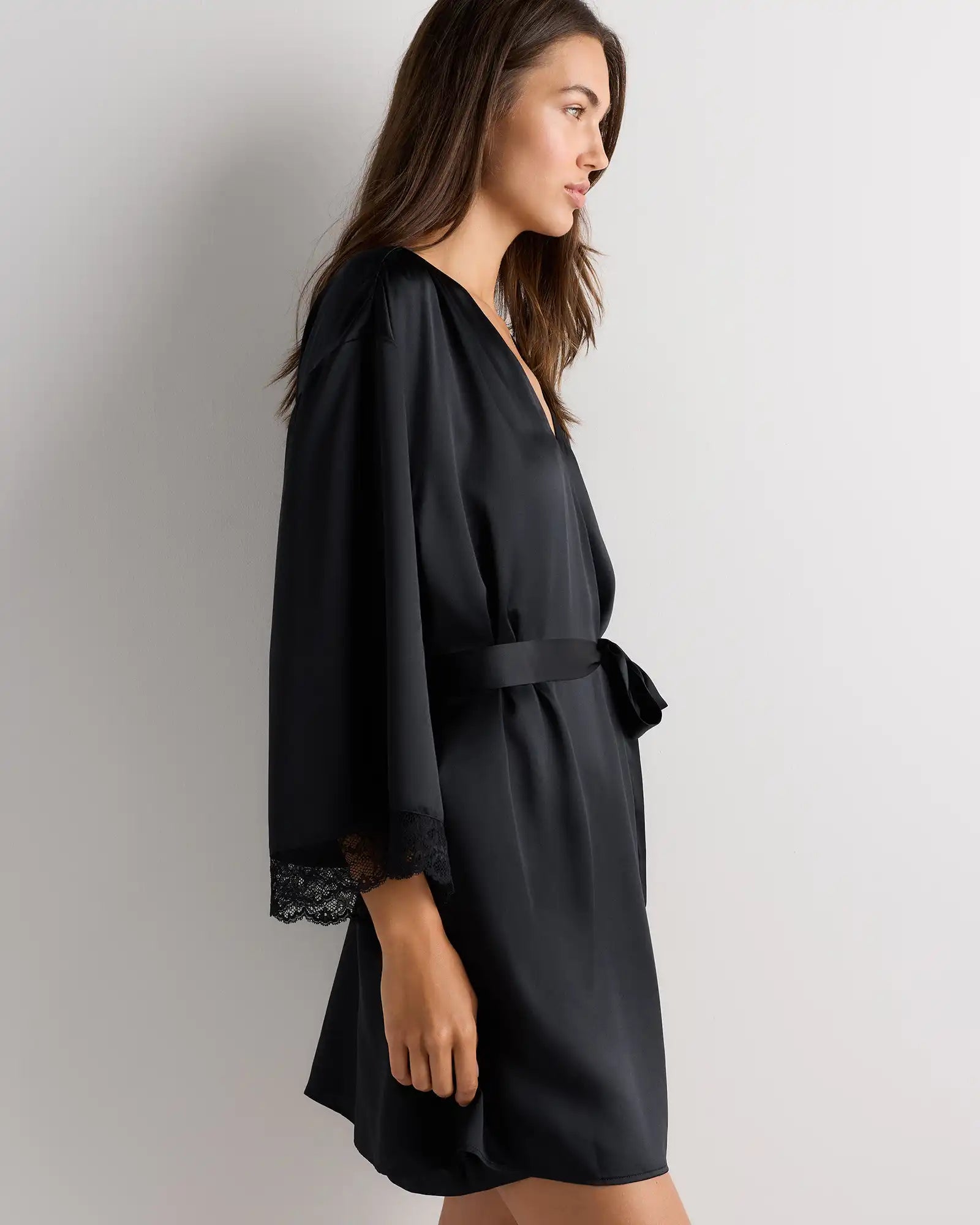 100% Washable Silk Satin Lace Trim Robe