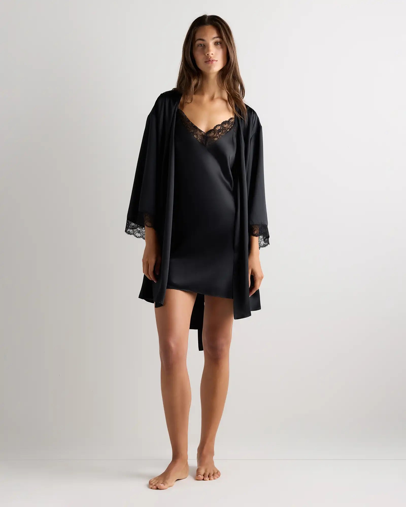 100% Washable Silk Satin Lace Trim Robe