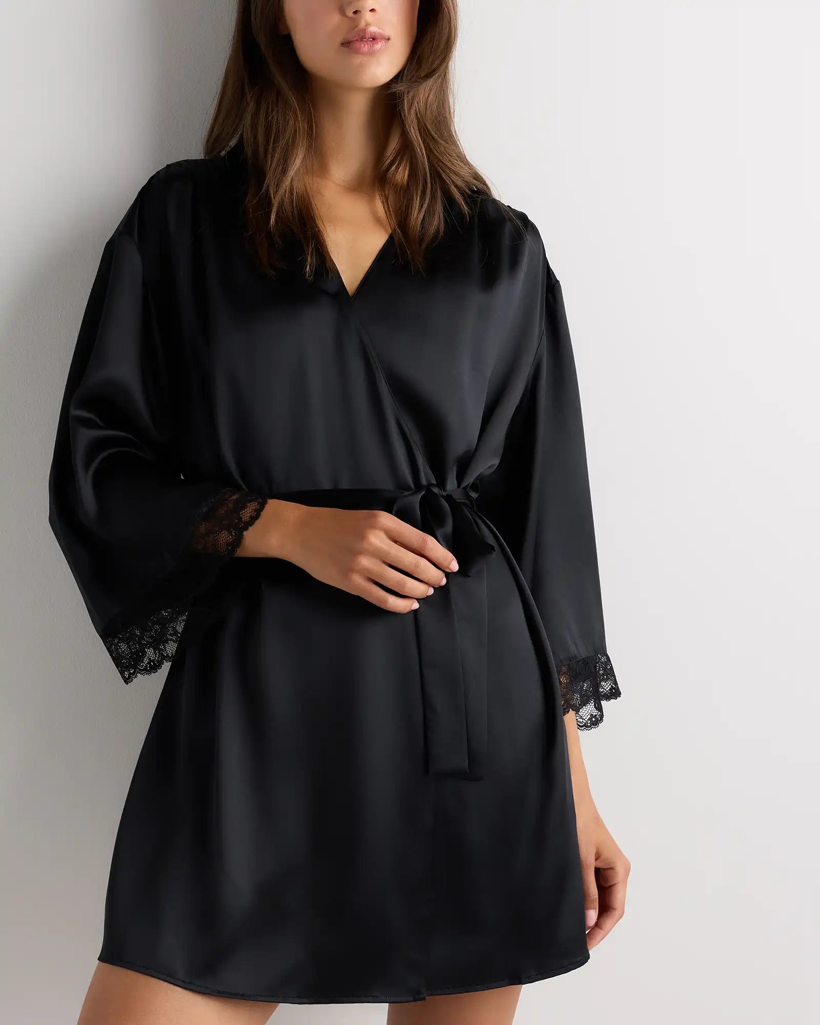 100% Washable Silk Satin Lace Trim Robe