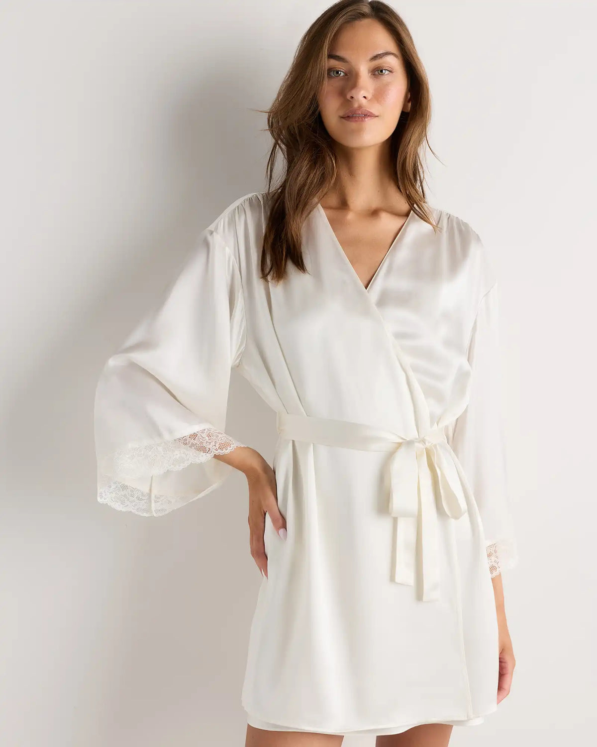 100% Washable Silk Satin Lace Trim Robe