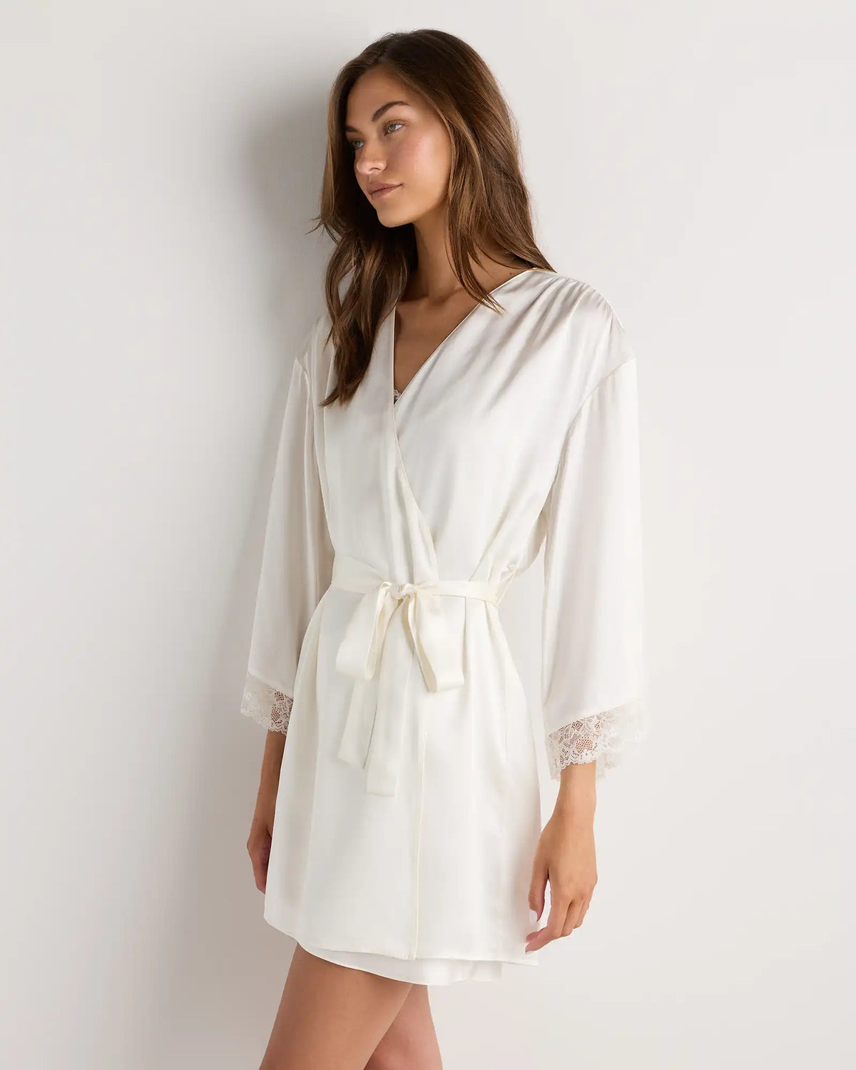 100% Washable Silk Satin Lace Trim Robe
