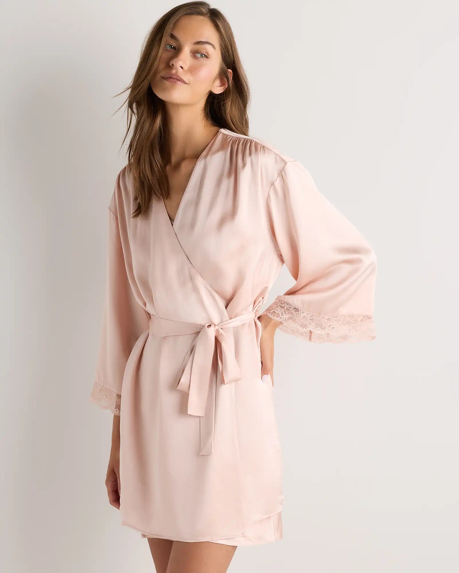 100% Washable Silk Satin Lace Trim Robe