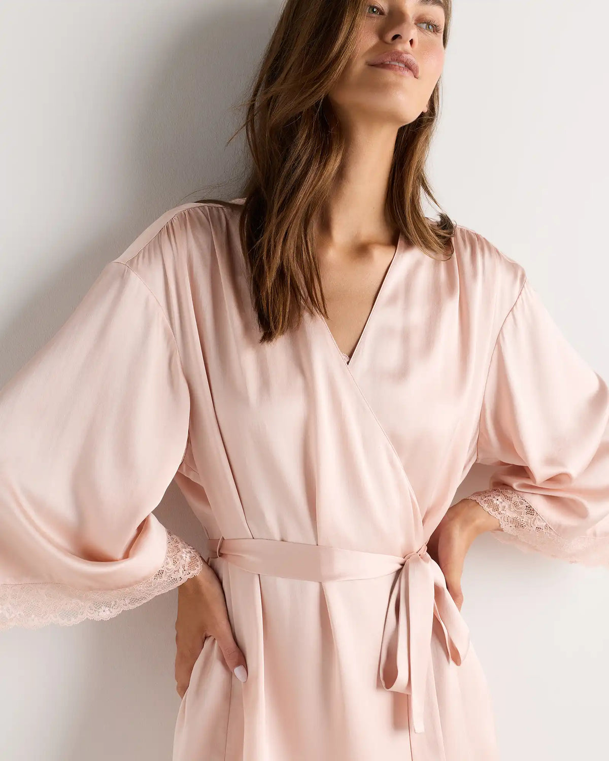 100% Washable Silk Satin Lace Trim Robe