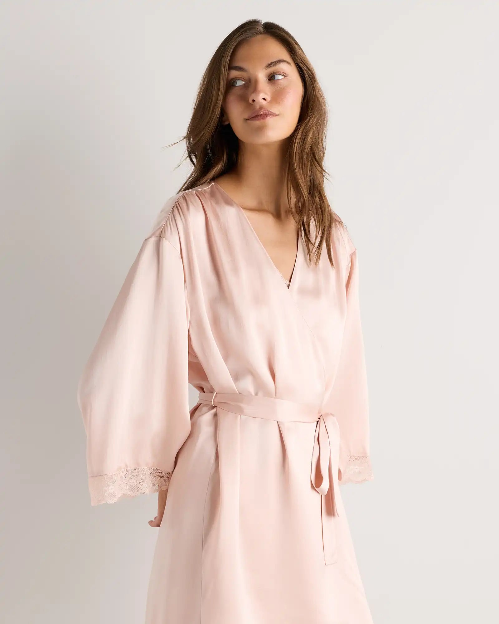 100% Washable Silk Satin Lace Trim Robe