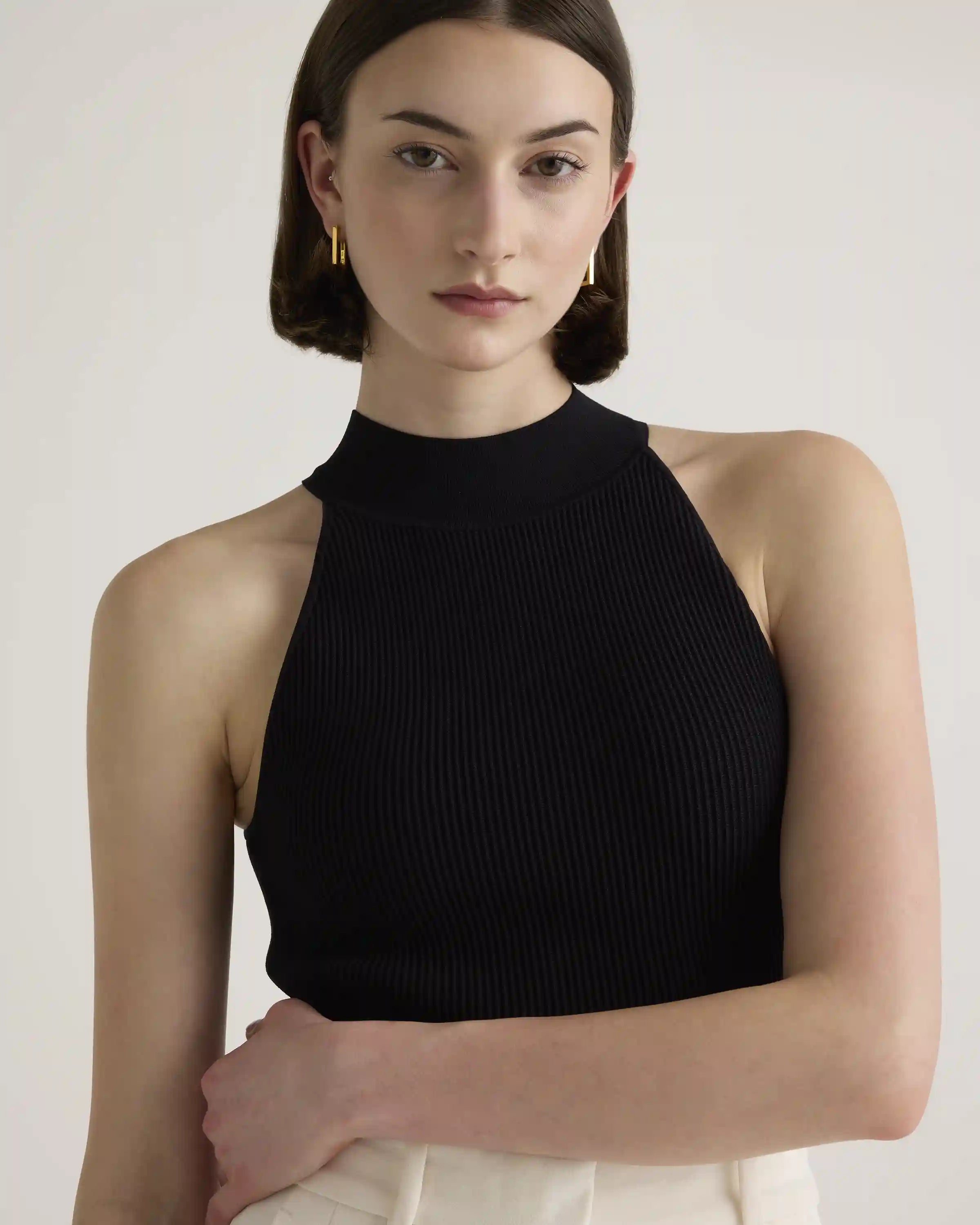 Cropped High Neck Ribbed Knit Tank