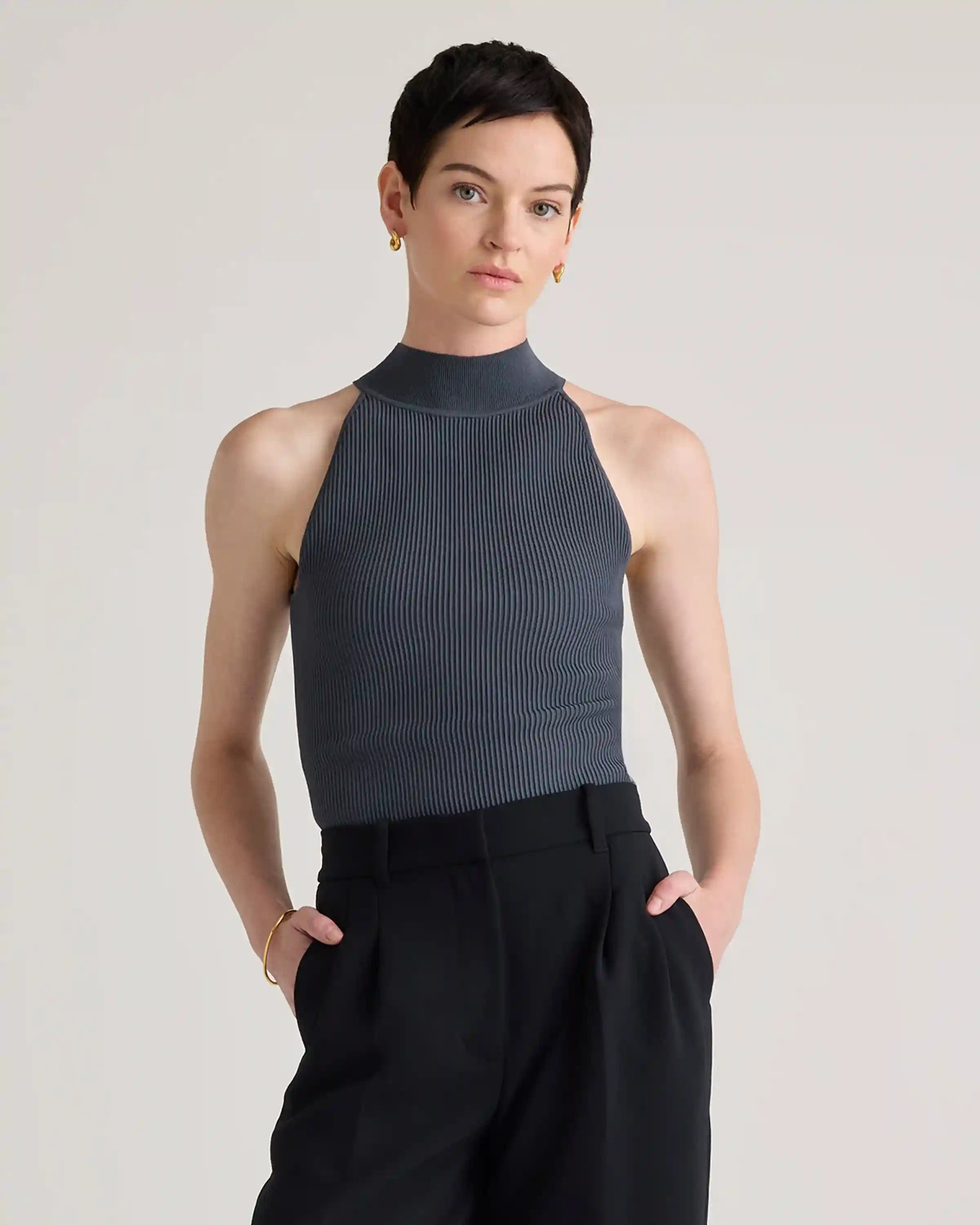 Cropped High Neck Ribbed Knit Tank