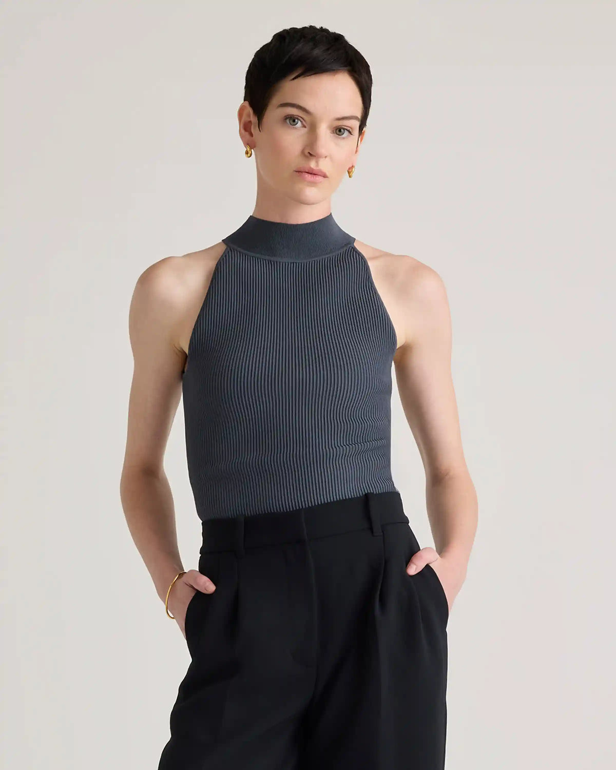 Cropped High Neck Ribbed Knit Tank