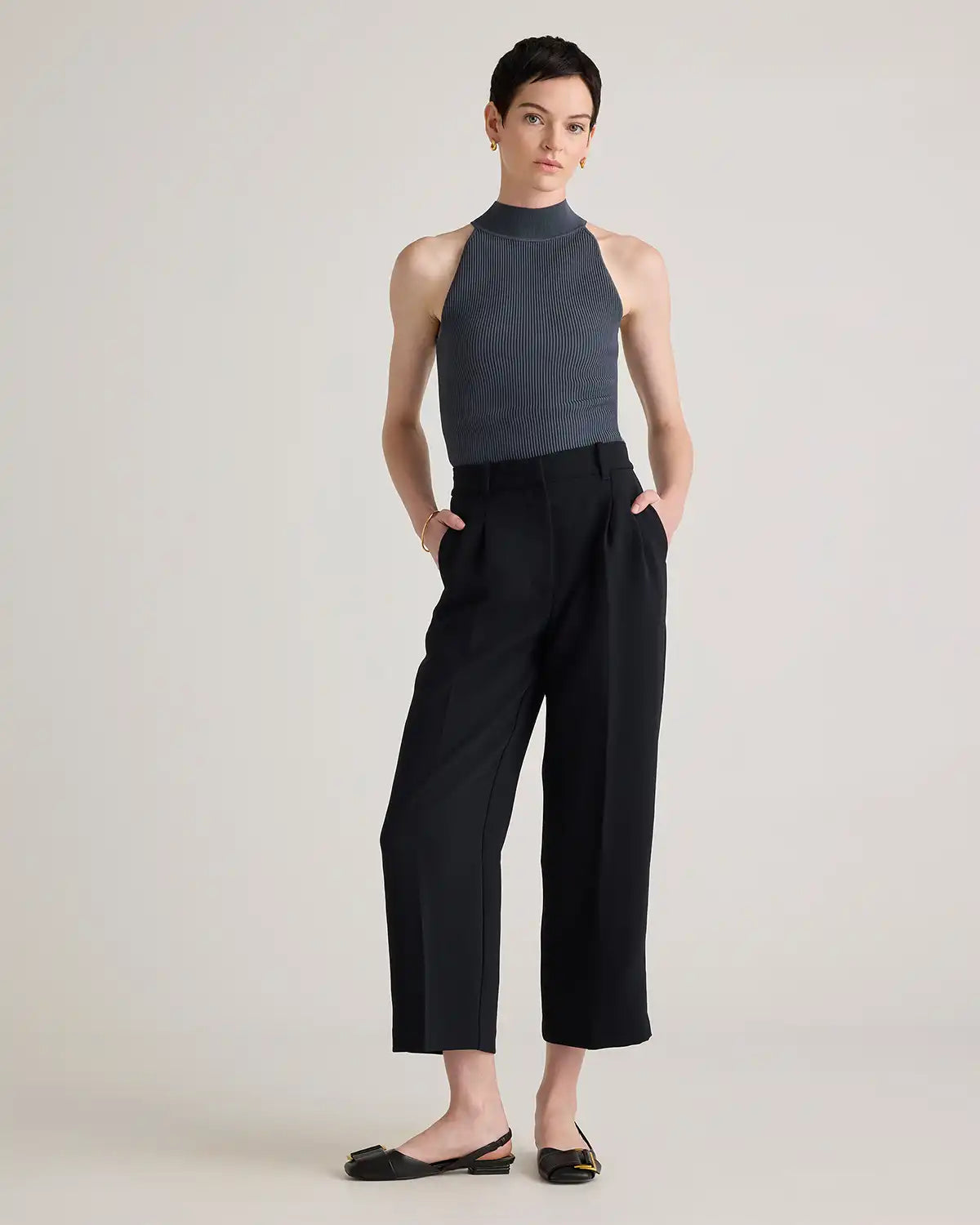 Cropped High Neck Ribbed Knit Tank