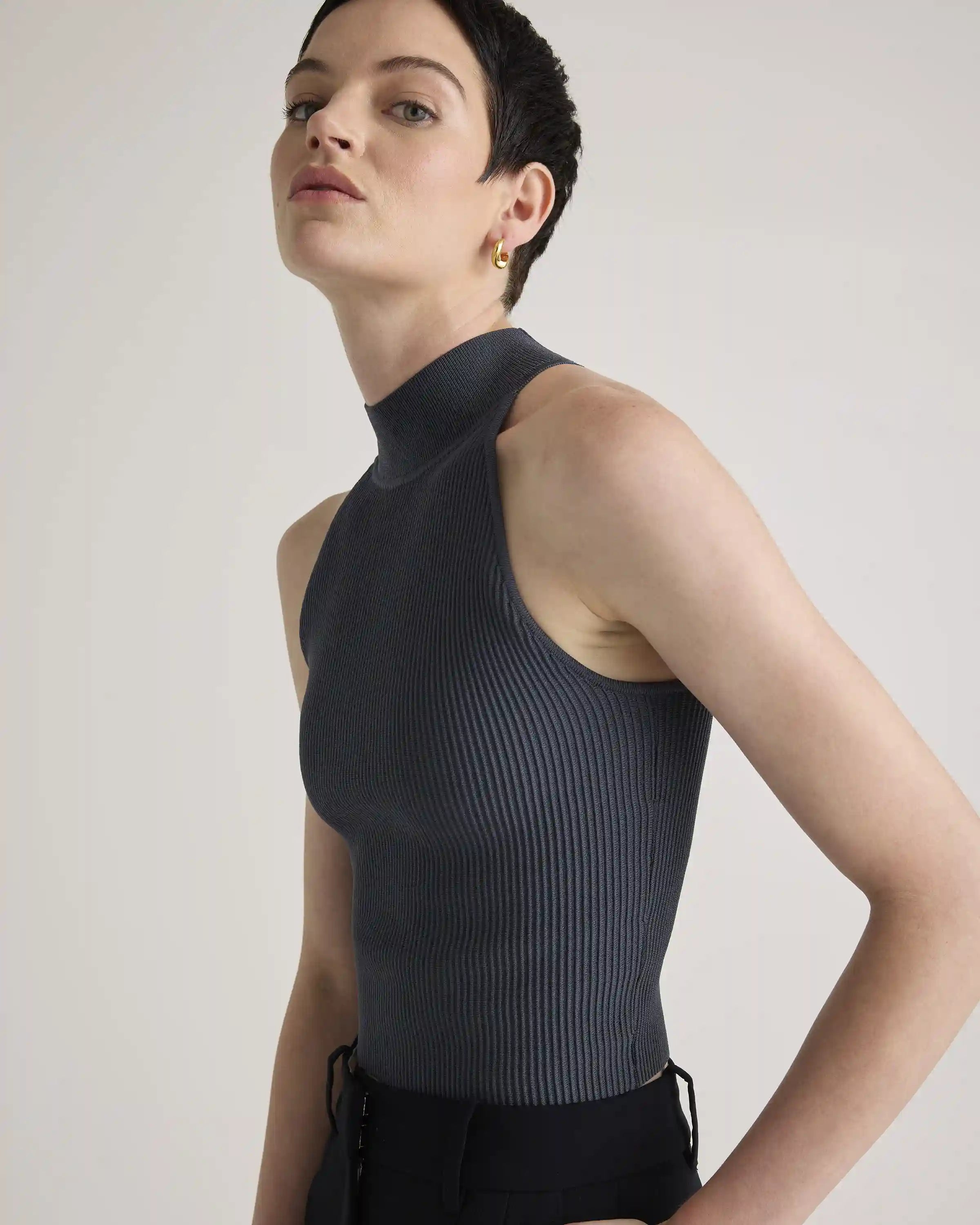 Cropped High Neck Ribbed Knit Tank