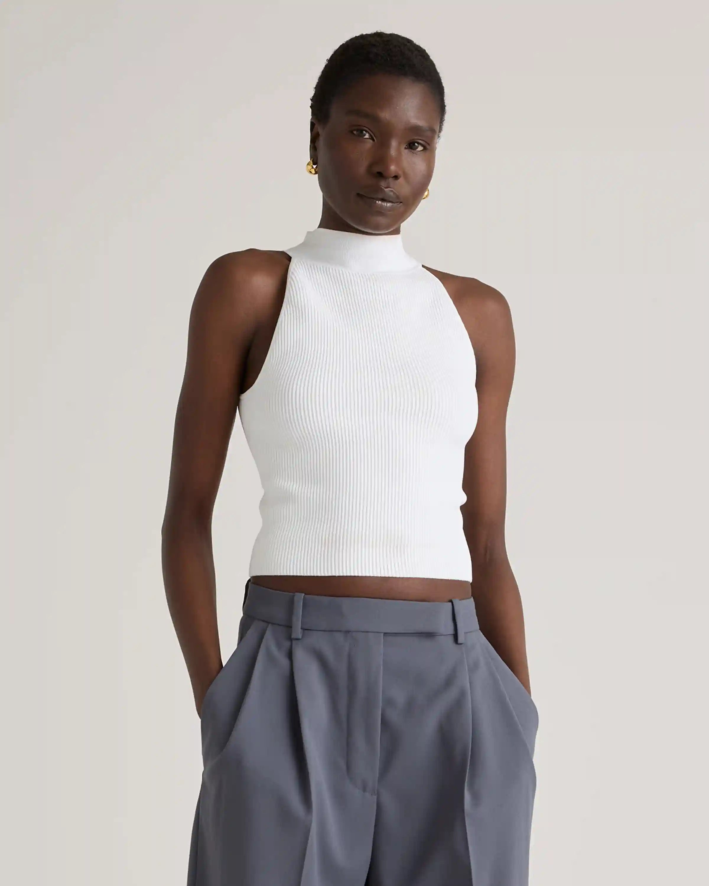 Cropped High Neck Ribbed Knit Tank