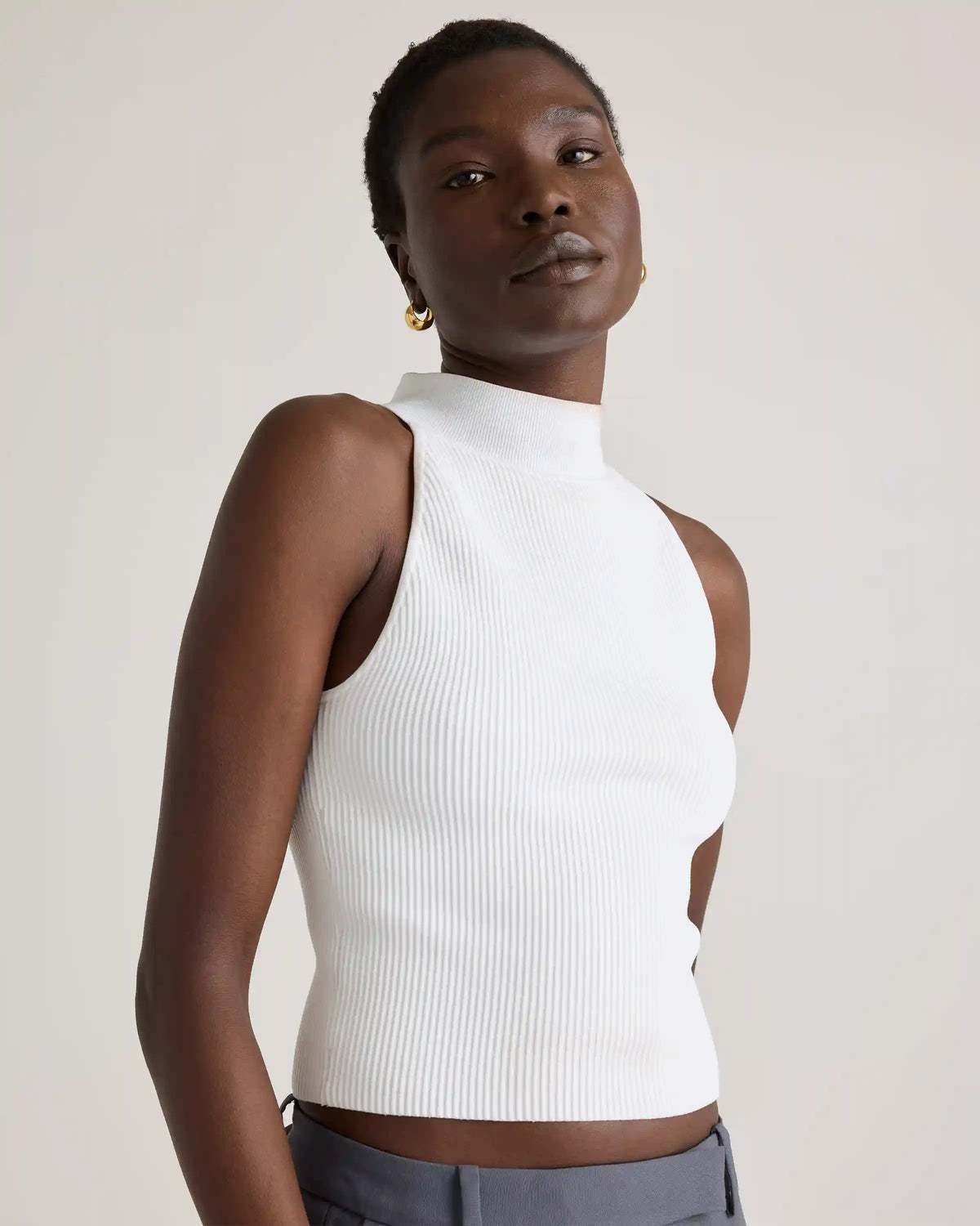 Cropped High Neck Ribbed Knit Tank