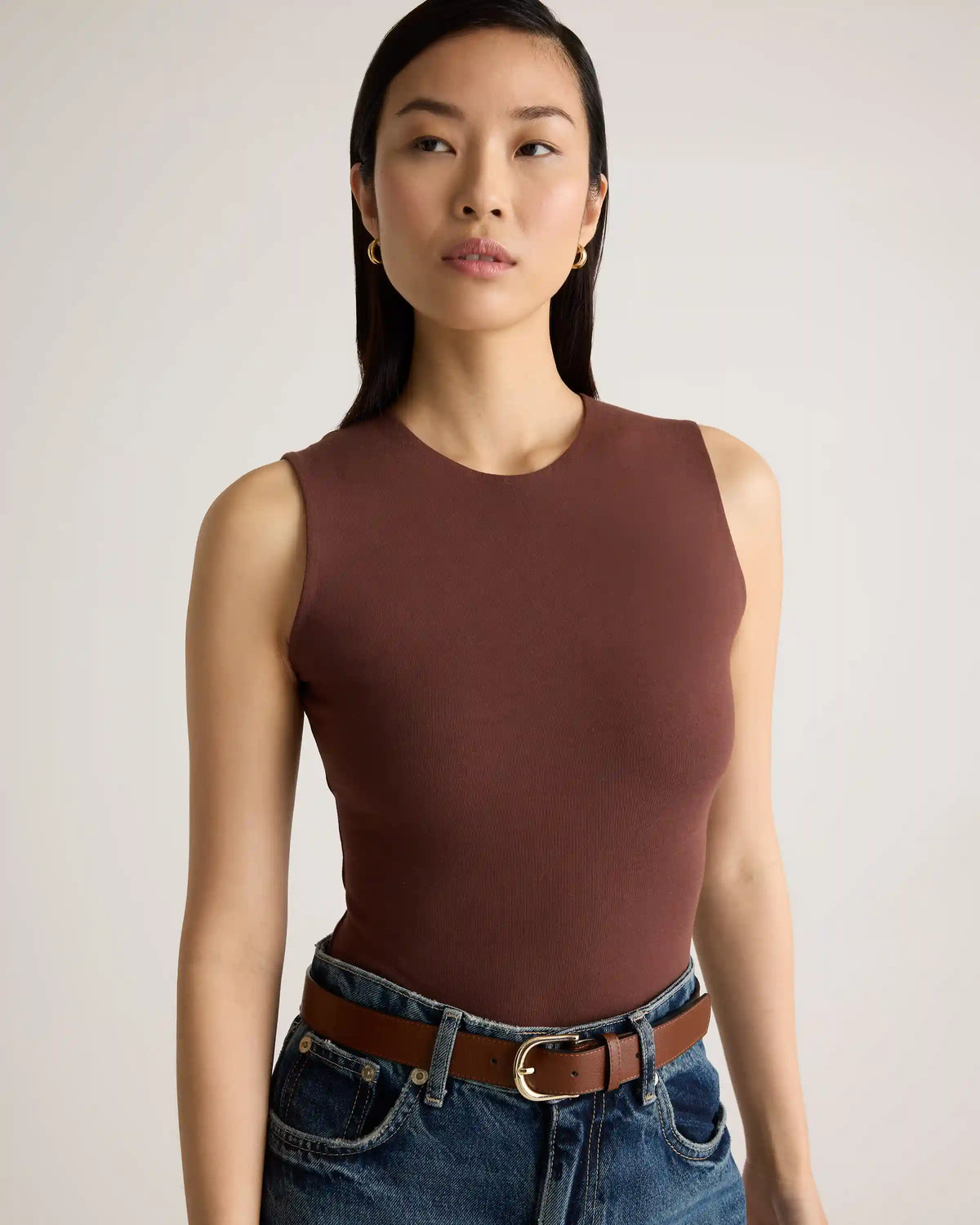 Stretch Cotton Jersey High Neck Sleeveless Bodysuit