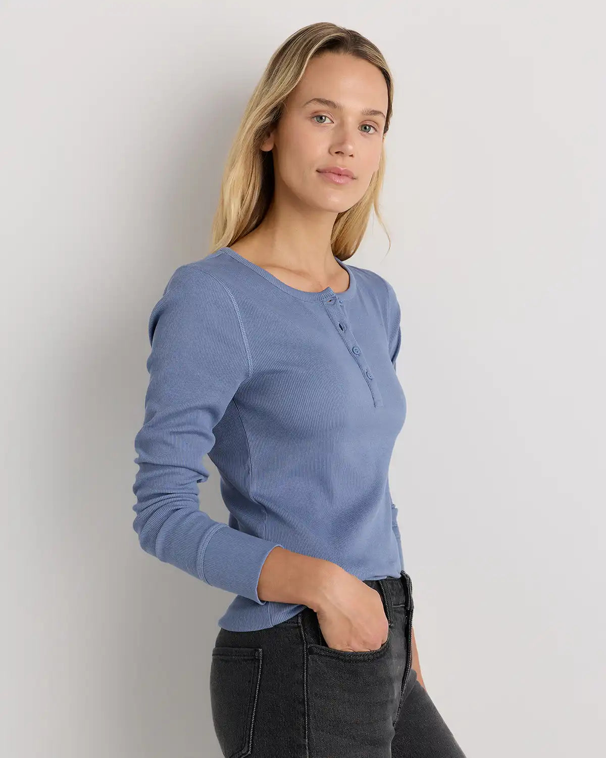 Organic Cotton Micro-Rib Henley Long Sleeve Tee