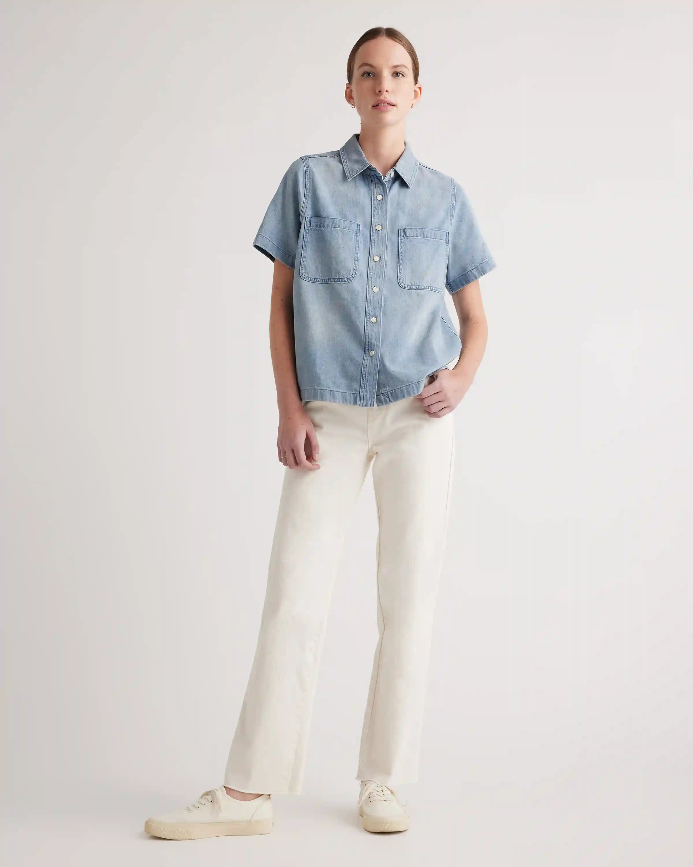 Distressed Denim Short Sleeve Shirt