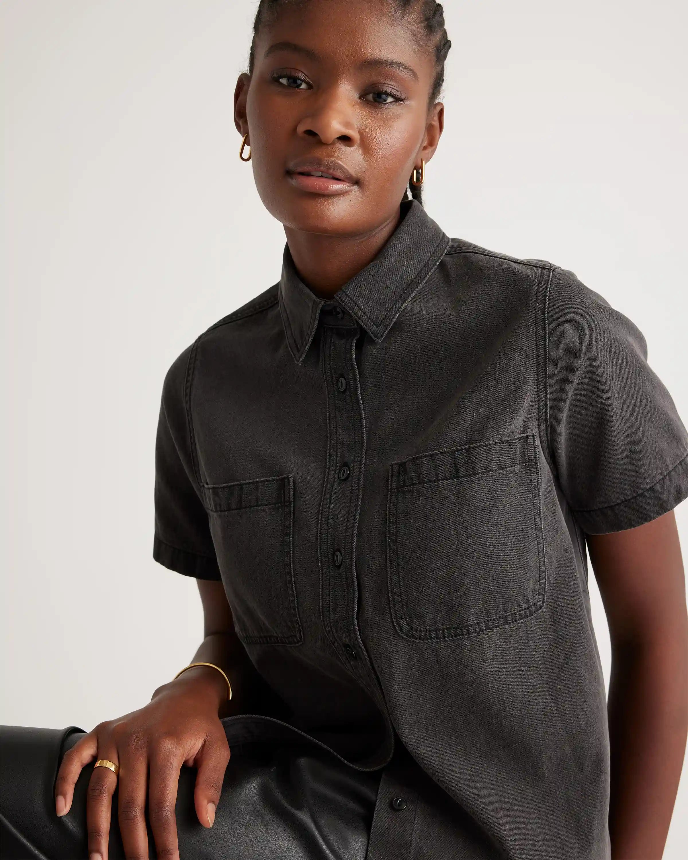 Distressed Denim Short Sleeve Shirt