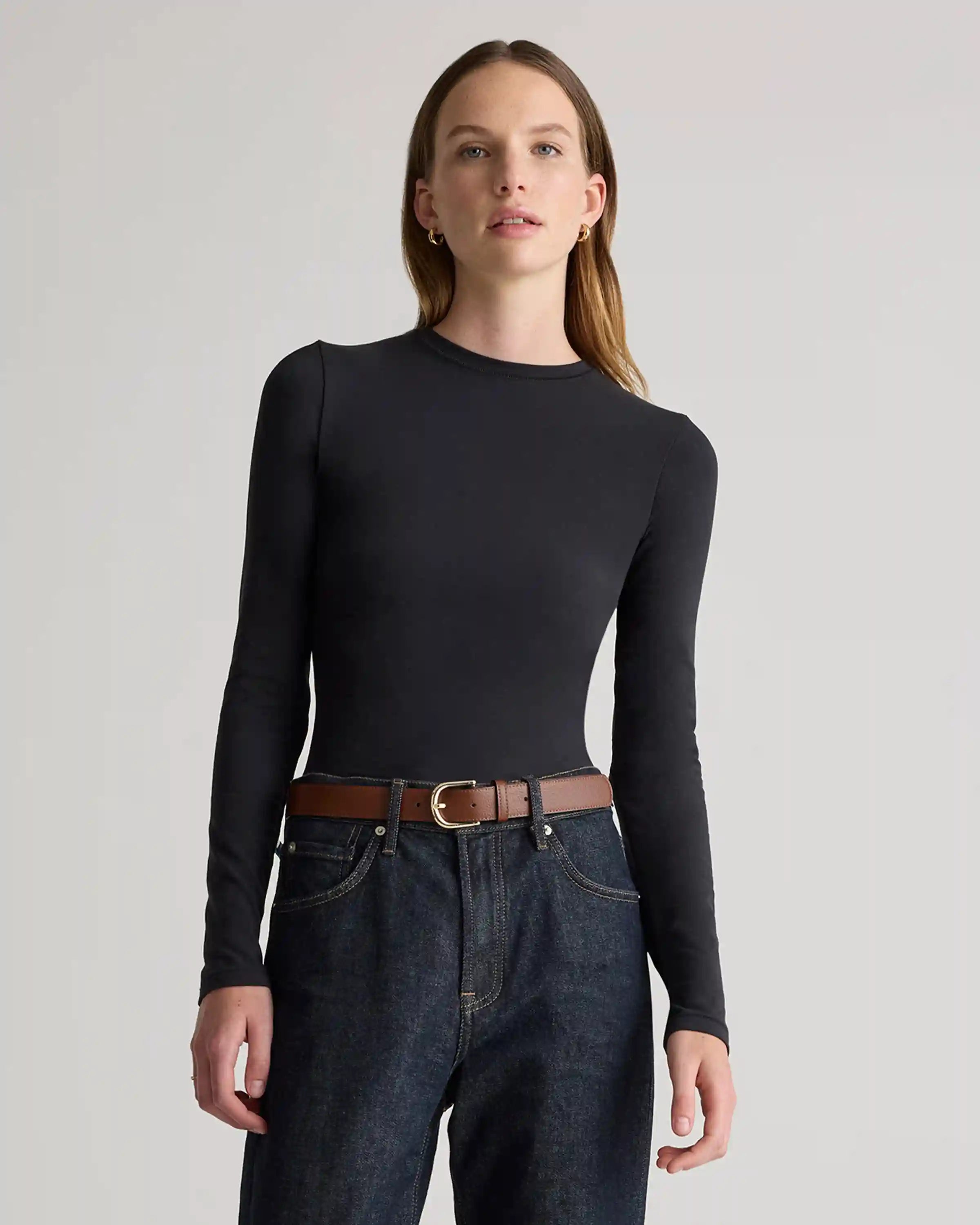 Stretch Cotton Jersey Fitted Long Sleeve T-Shirt