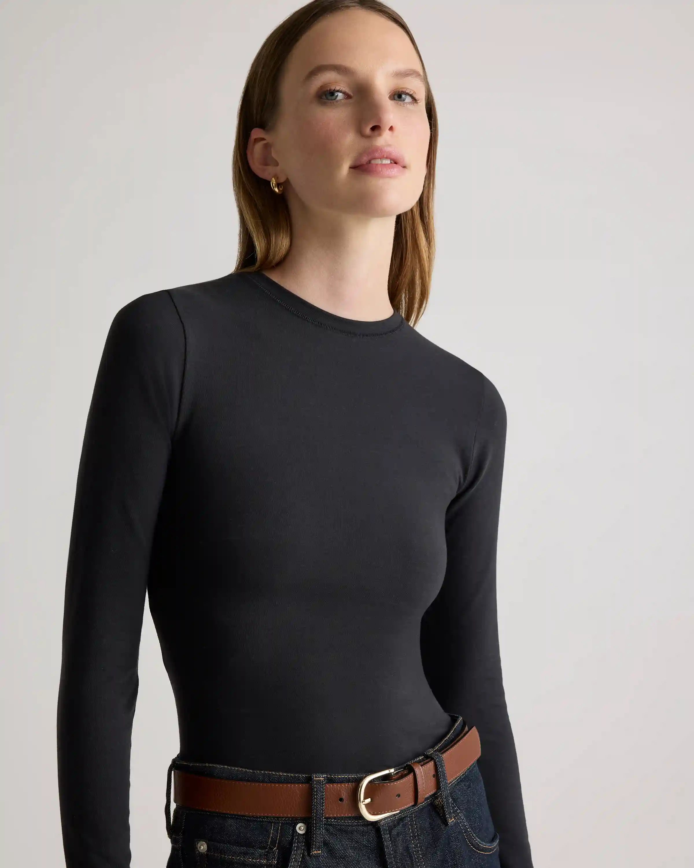 Stretch Cotton Jersey Fitted Long Sleeve T-Shirt