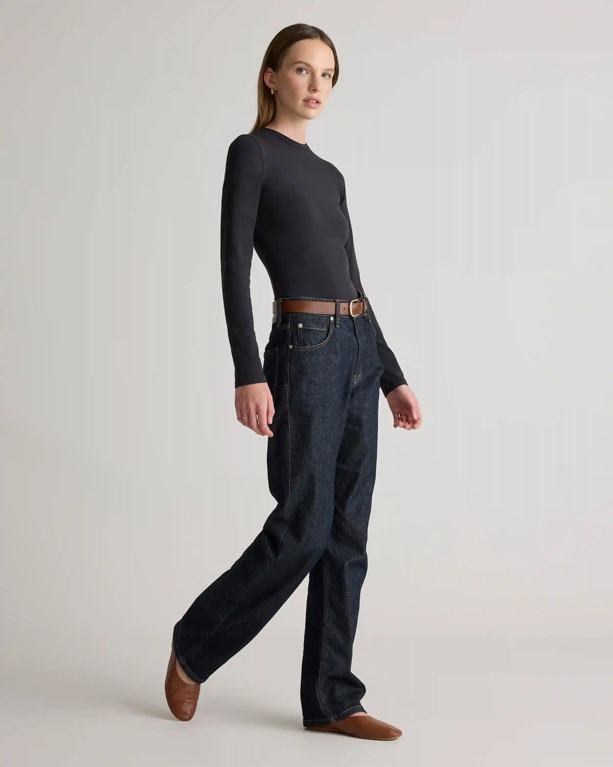 Stretch Cotton Jersey Fitted Long Sleeve T-Shirt